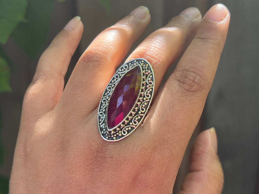 Ruby Ring, Sterling silver ring for women, boho ring with big stone, july birthstone gemstone ring jewelry, artisan made, size 8.5
