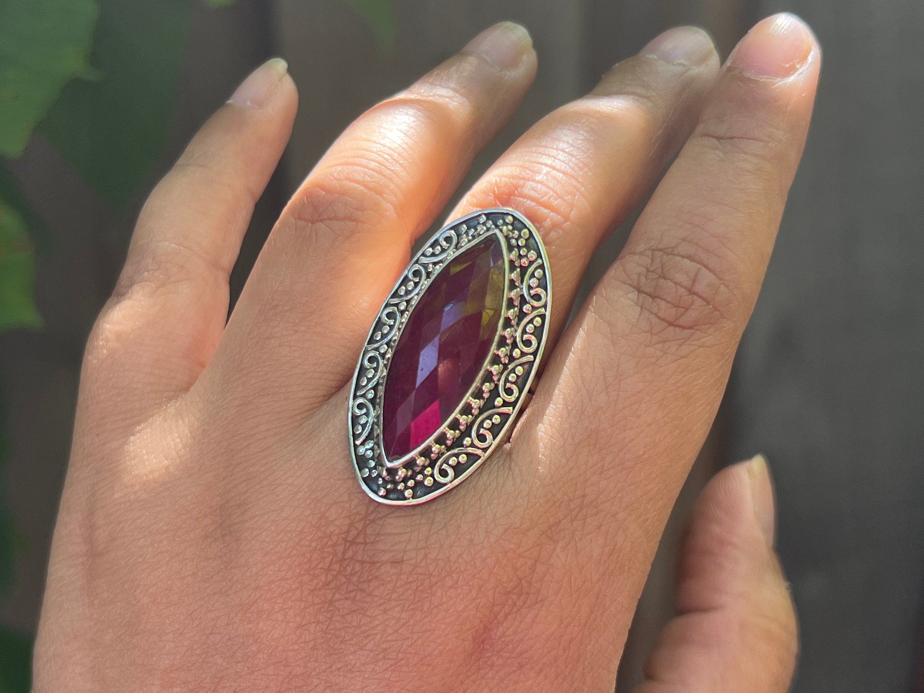 Ruby Ring, Sterling silver ring for women, boho ring with big stone, july birthstone gemstone ring jewelry, artisan made, size 8.5