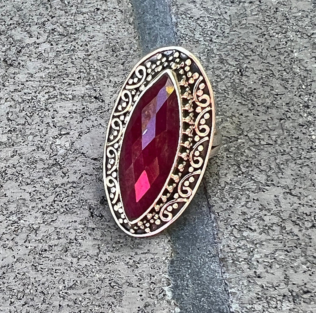 Ruby Ring, Sterling silver ring for women, boho ring with big stone, july birthstone gemstone ring jewelry, artisan made, size 8.5