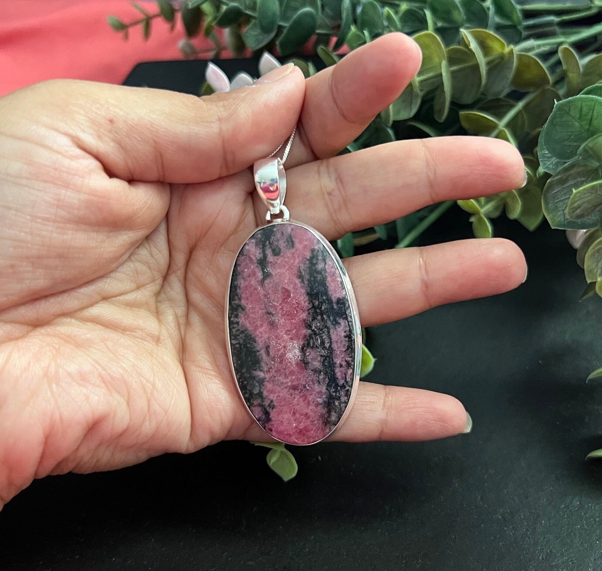 Rhodonite crystal necklace, large one of a kind pendant, 925 sterling silver, unique natural stone, gifts for her