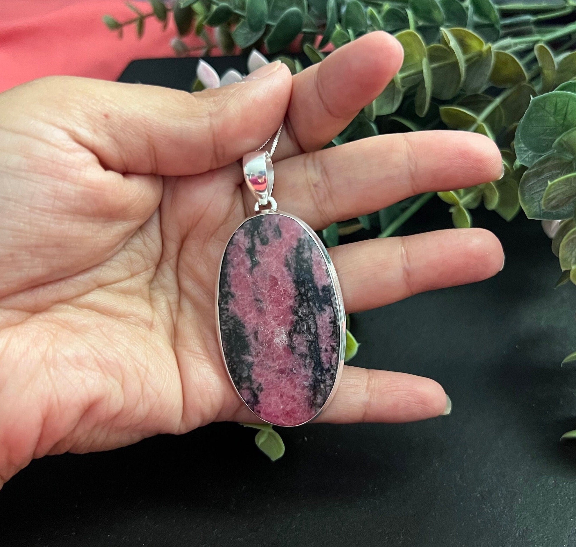 Rhodonite crystal necklace, large one of a kind pendant, 925 sterling silver, unique natural stone, gifts for her, large oval pendant