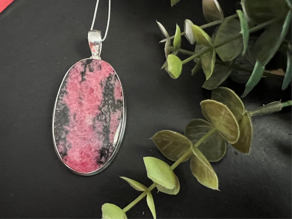 Rhodonite crystal necklace, large one of a kind pendant, 925 sterling silver, unique natural stone, gifts for her