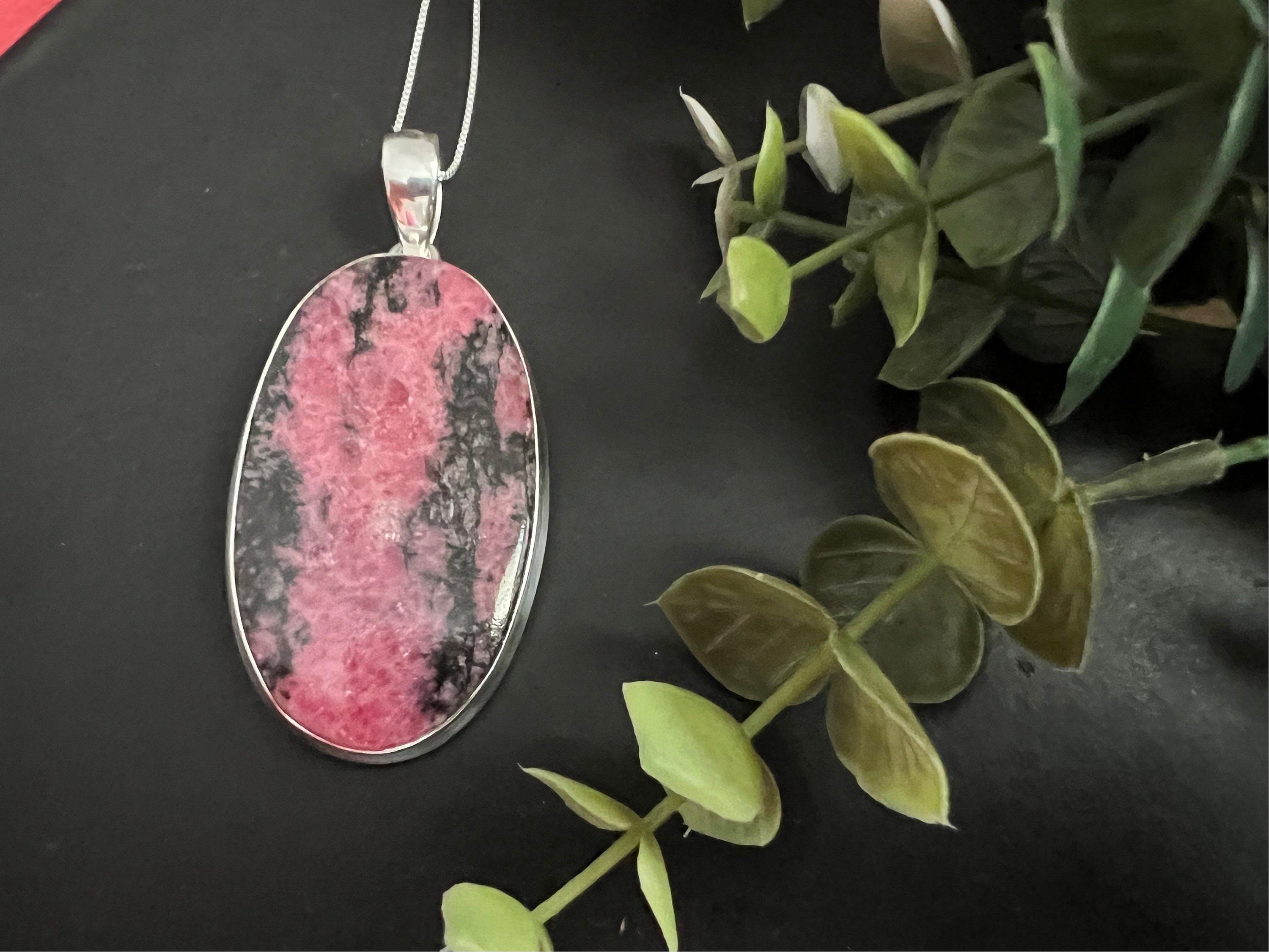 Rhodonite crystal necklace, large one of a kind pendant, 925 sterling silver, unique natural stone, gifts for her, large oval pendant