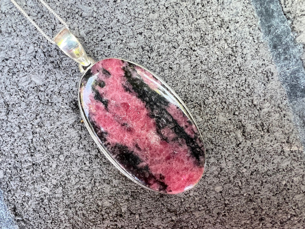 Rhodonite crystal necklace, large one of a kind pendant, 925 sterling silver, unique natural stone, gifts for her