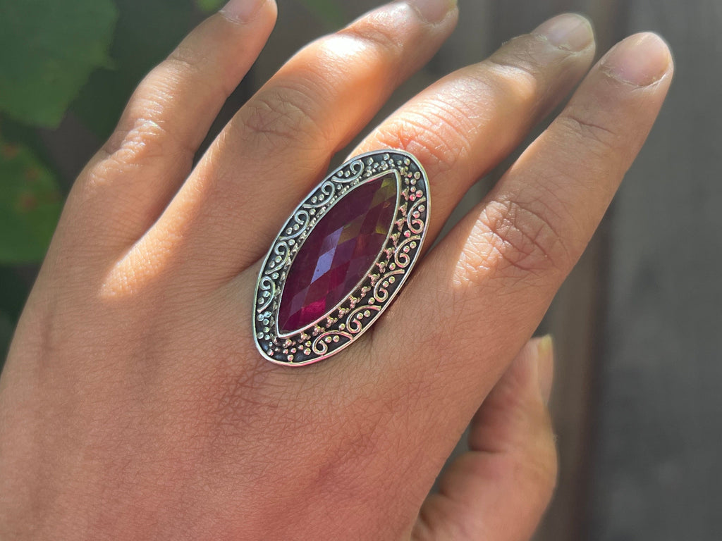 Ruby Ring, Sterling silver ring for women, boho ring with big stone, july birthstone gemstone ring jewelry, artisan made, size 8.5
