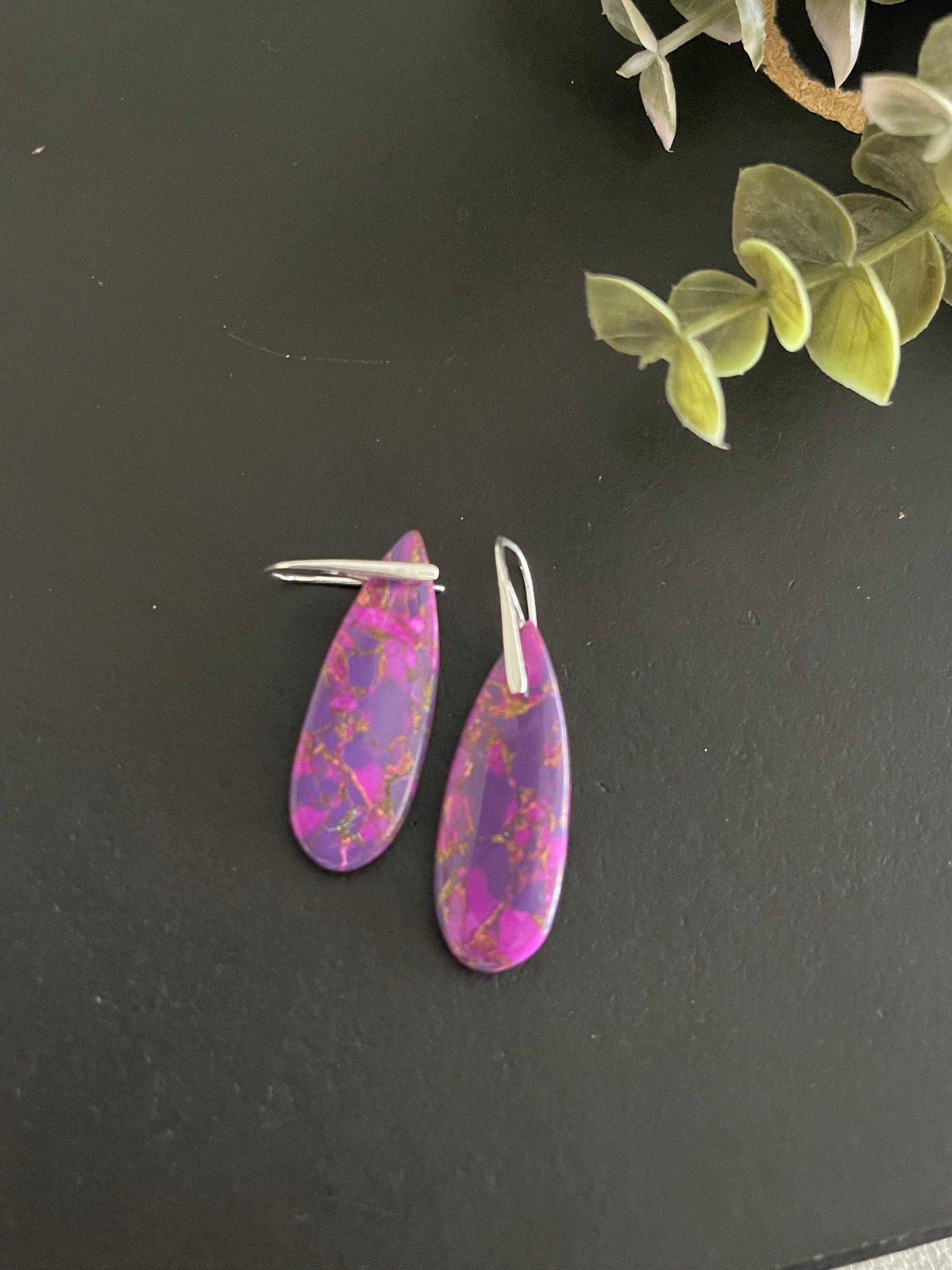 Statement earrings , purple copper turquoise earrings, 925 sterling silver ear wires, stone dangles