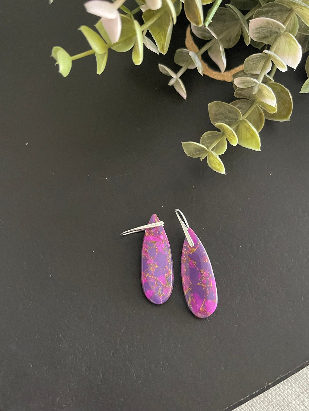 Statement earrings , purple copper turquoise earrings, 925 sterling silver ear wires, stone dangles