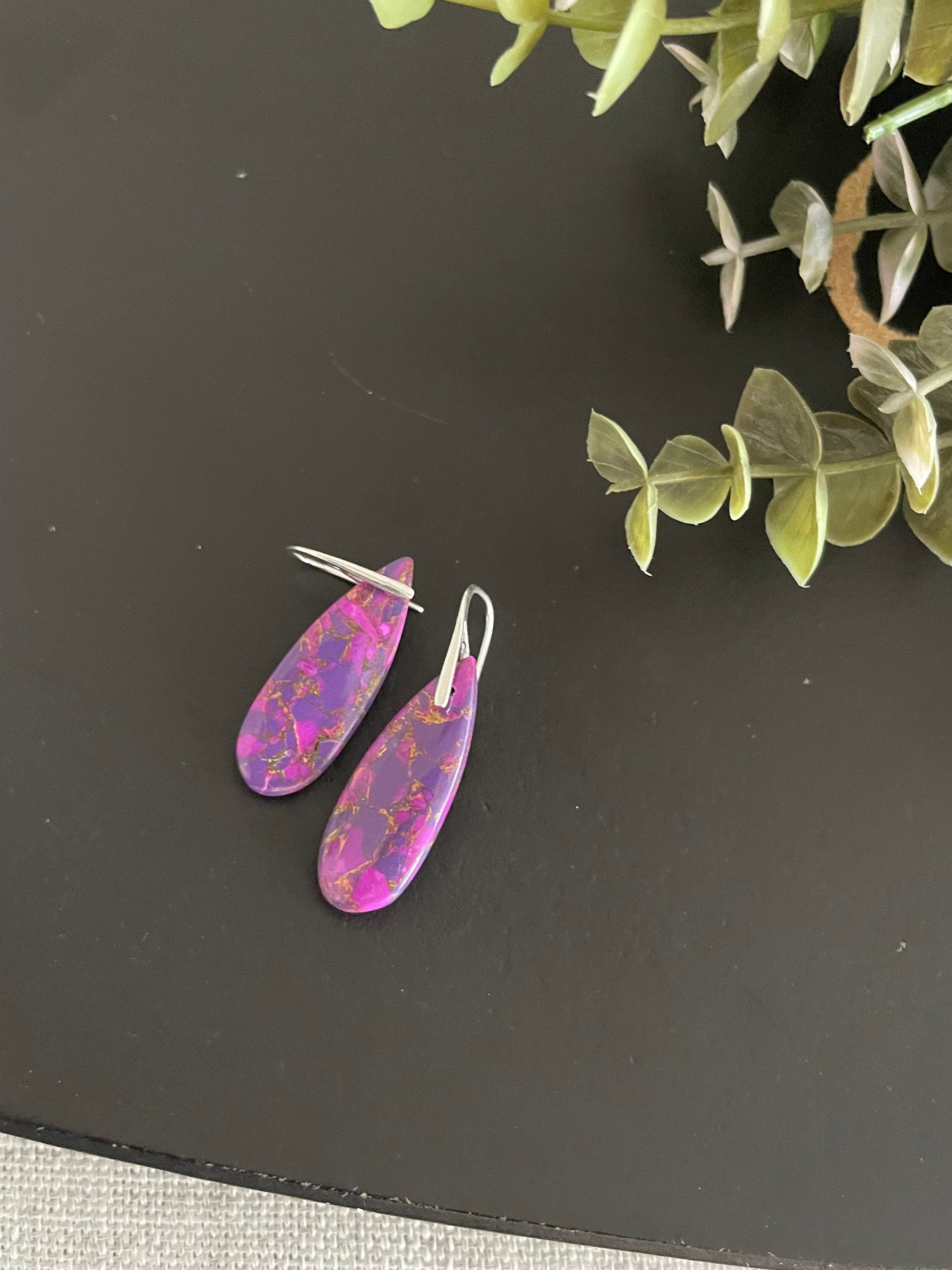 Statement earrings , purple copper turquoise earrings, 925 sterling silver ear wires, stone dangles