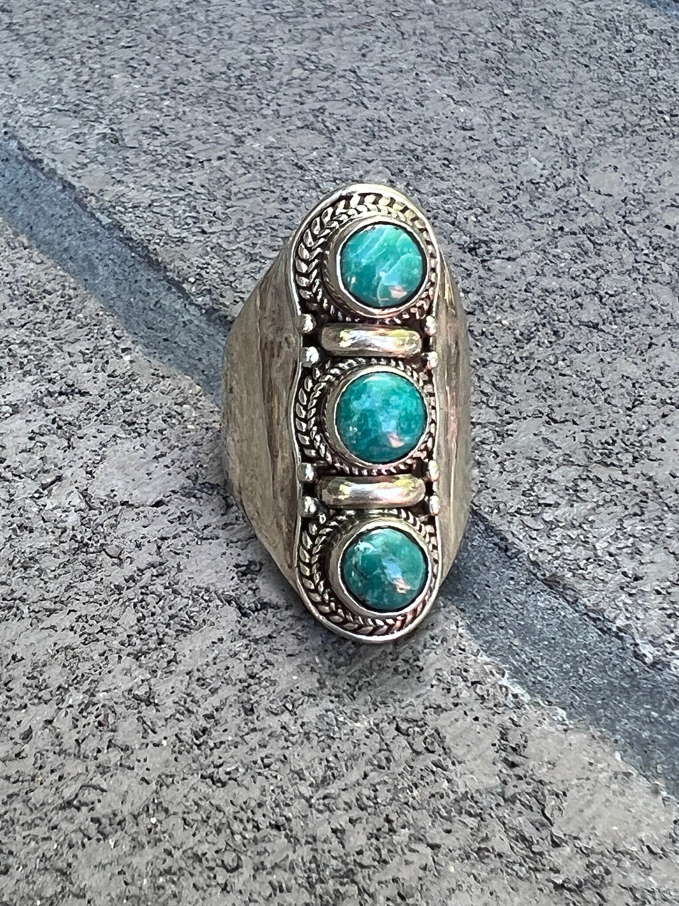 Elongated turquoise ring, large Cocktail ring, triple stone statement ring, 925 sterling silver, gemstone stack ring, Bar ring, size 7.5