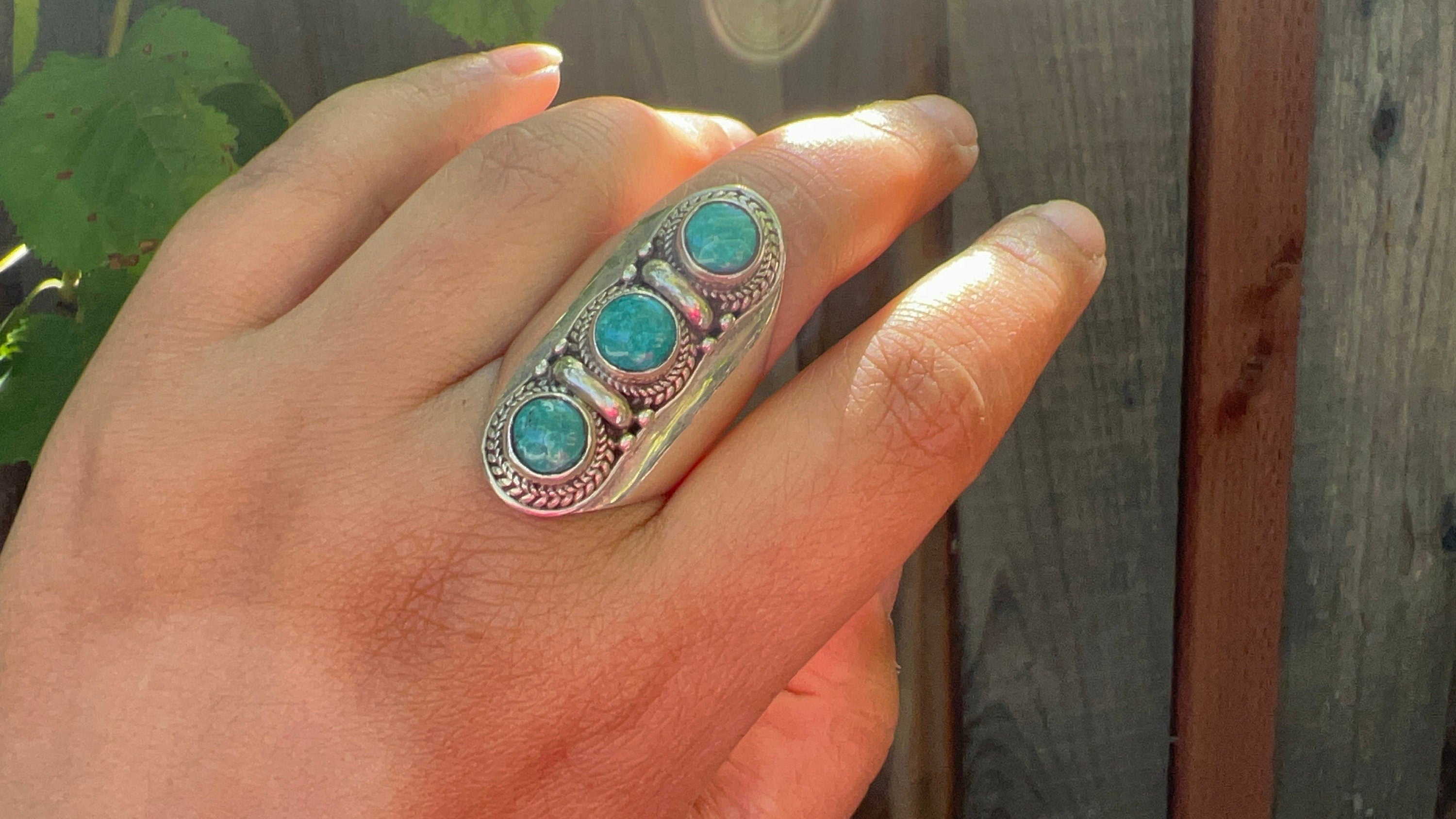 Elongated turquoise ring, large Cocktail ring, triple stone statement ring, 925 sterling silver, gemstone stack ring, Bar ring, size 7.5