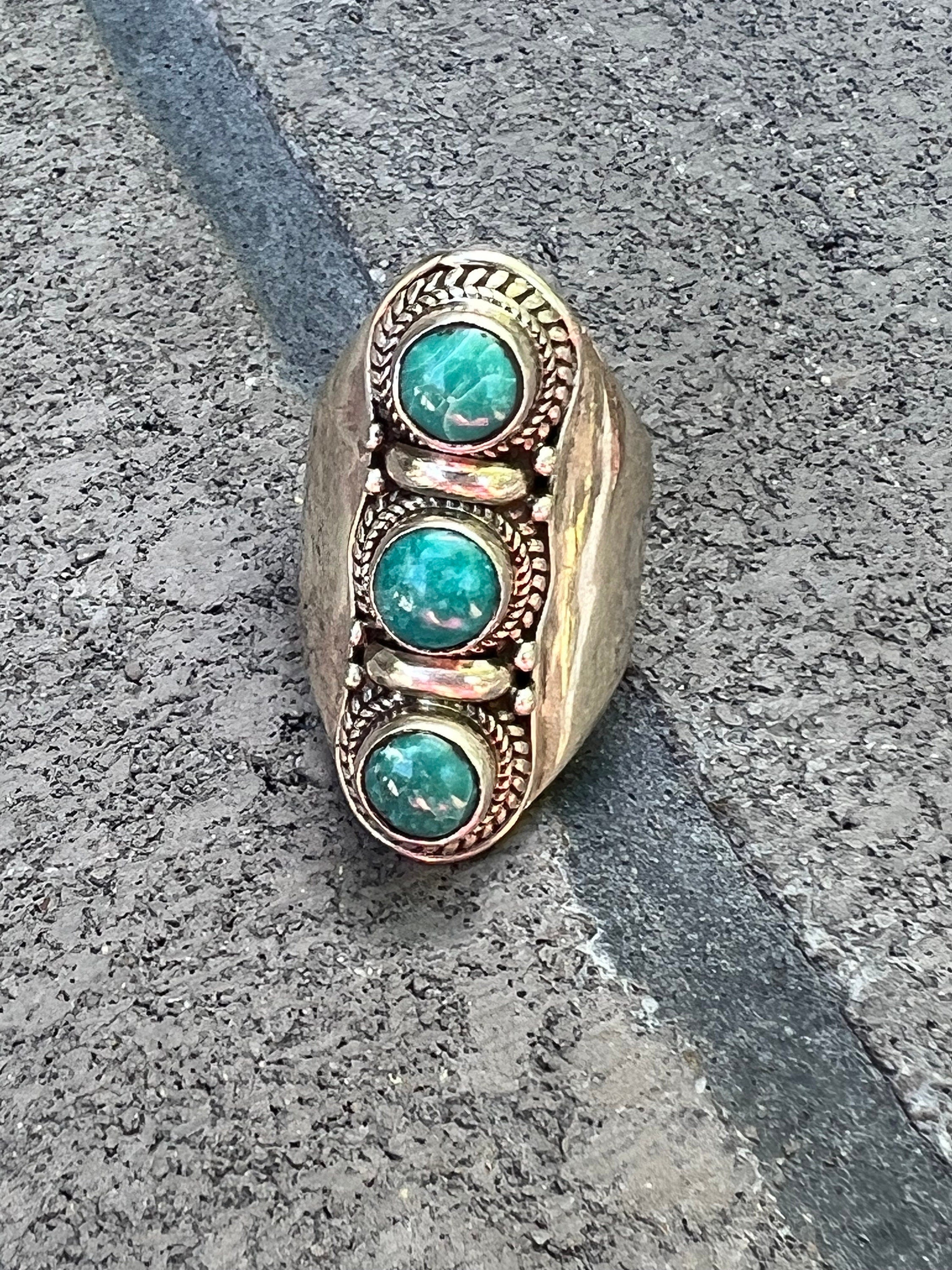 Elongated turquoise ring, large Cocktail ring, triple stone statement ring, 925 sterling silver, gemstone stack ring, Bar ring, size 7.5