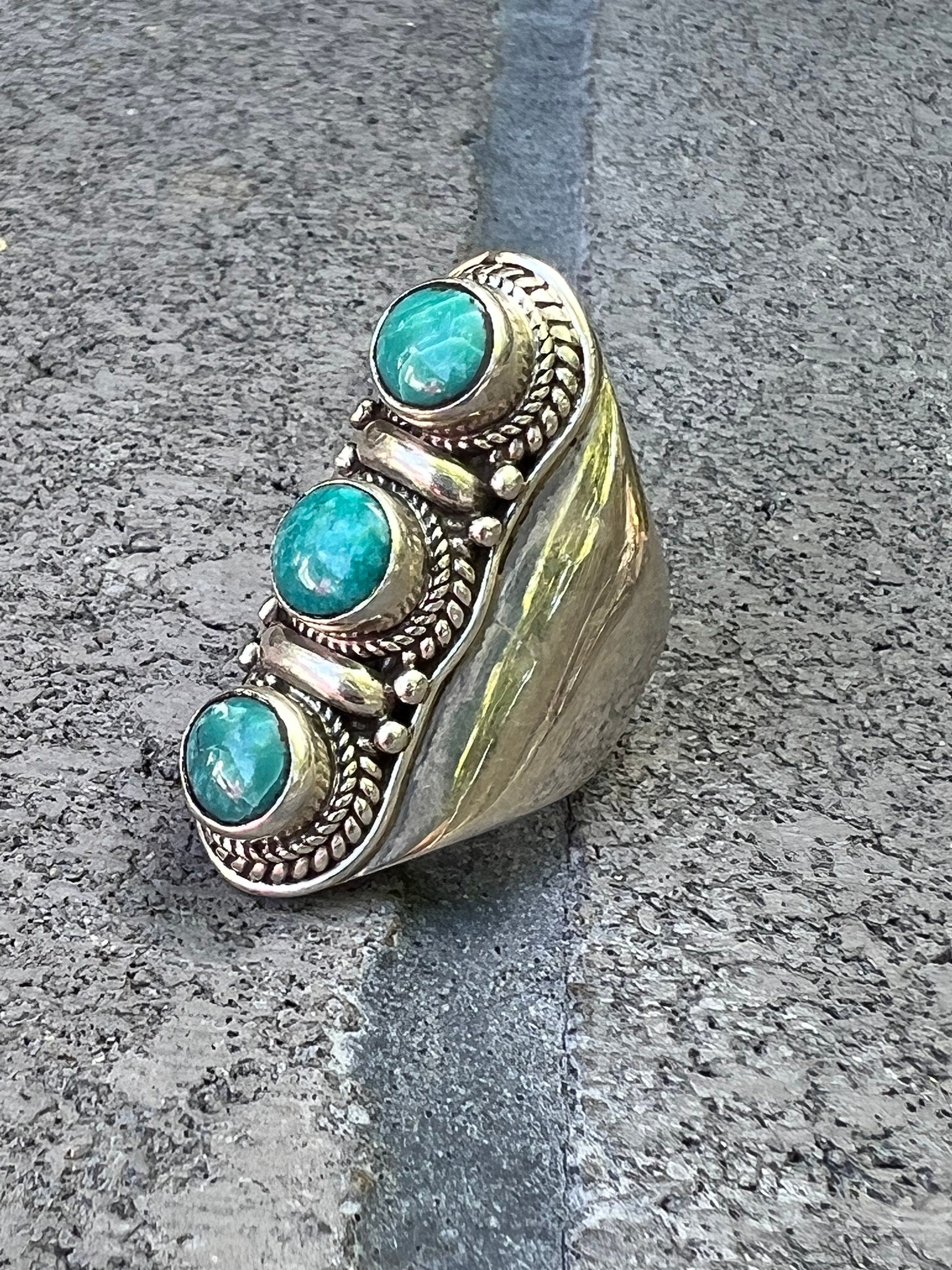 Elongated turquoise ring, large Cocktail ring, triple stone statement ring, 925 sterling silver, gemstone stack ring, Bar ring, size 7.5