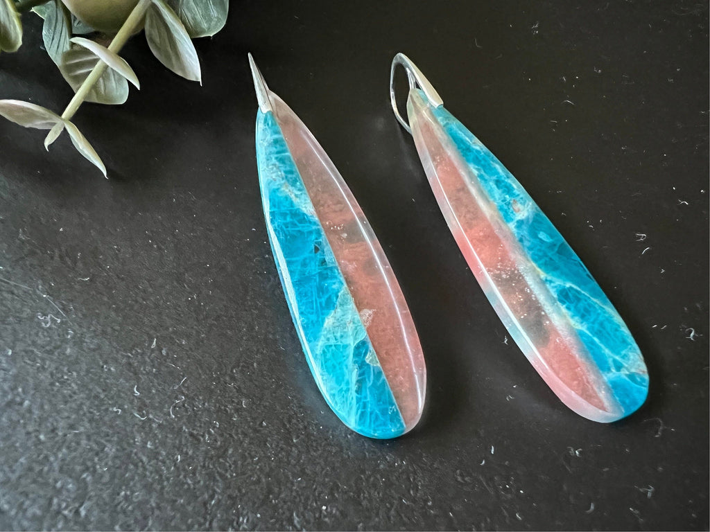 Long intarsia earrings, statement earrings , apatite and cherry quartz earrings , unique dangles, natural stone earrings, lightweight