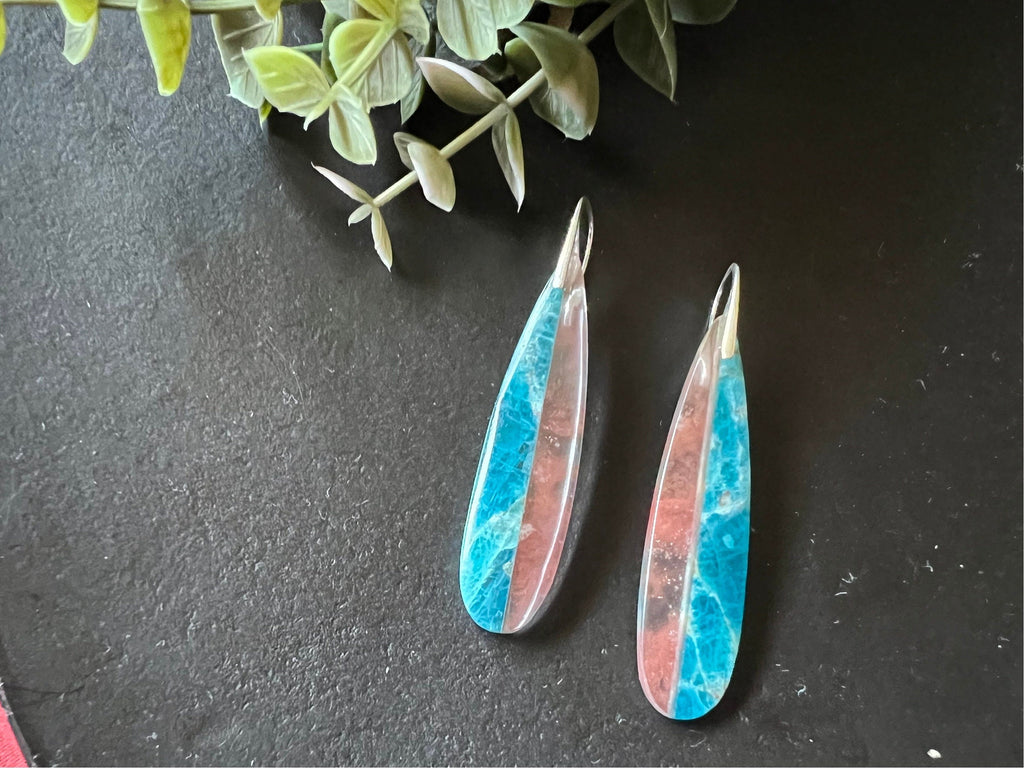 Long intarsia earrings, statement earrings , apatite and cherry quartz earrings , unique dangles, natural stone earrings, lightweight