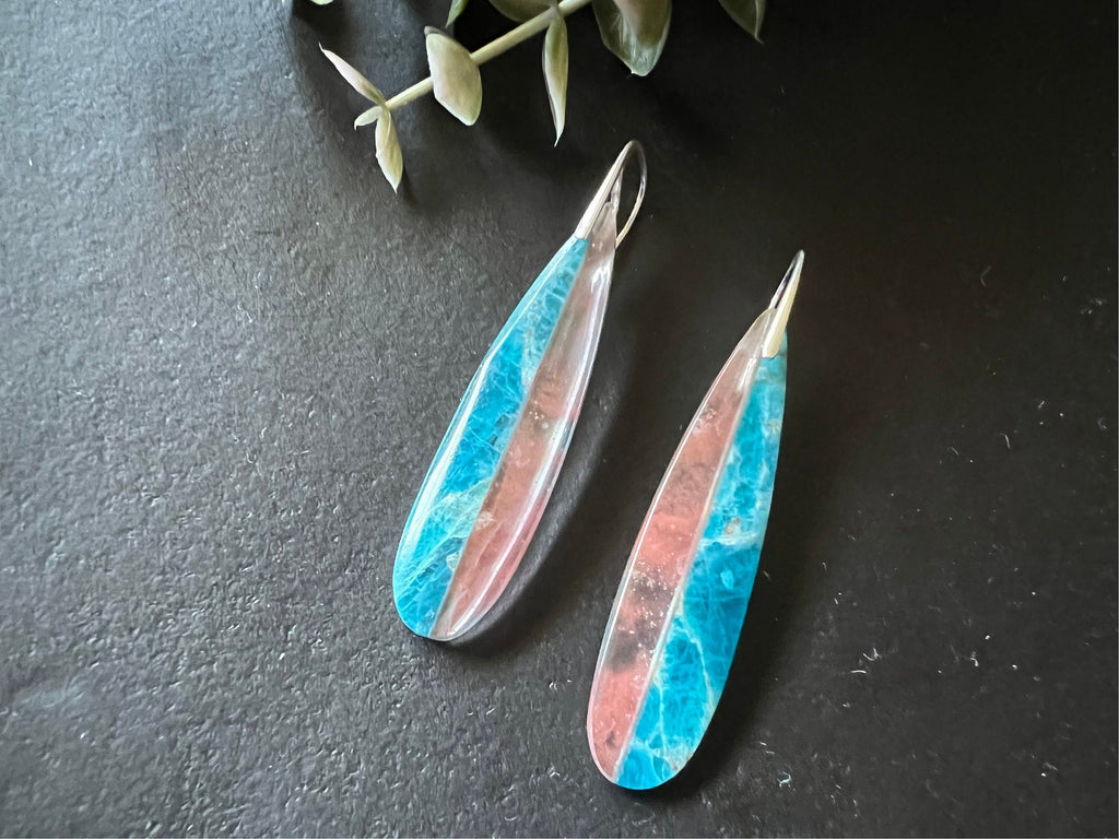 Long intarsia earrings, statement earrings , apatite and cherry quartz earrings , unique dangles, natural stone earrings, lightweight