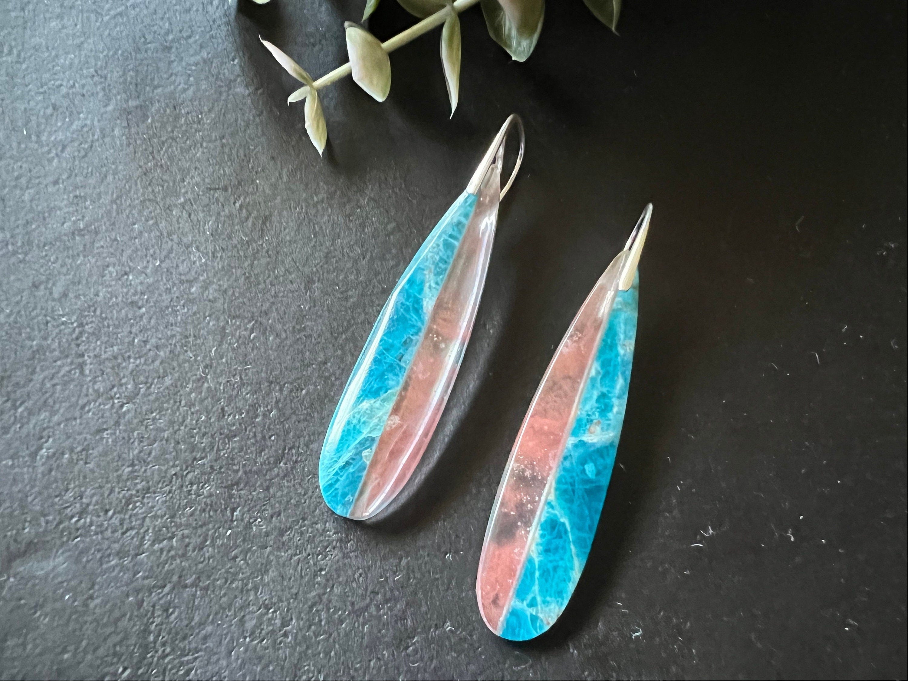 Long intarsia earrings, statement earrings , apatite and cherry quartz earrings , unique dangles, natural stone earrings, lightweight