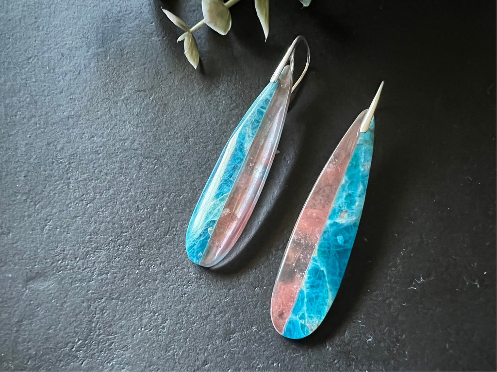 Long intarsia earrings, statement earrings , apatite and cherry quartz earrings , unique dangles, natural stone earrings, lightweight