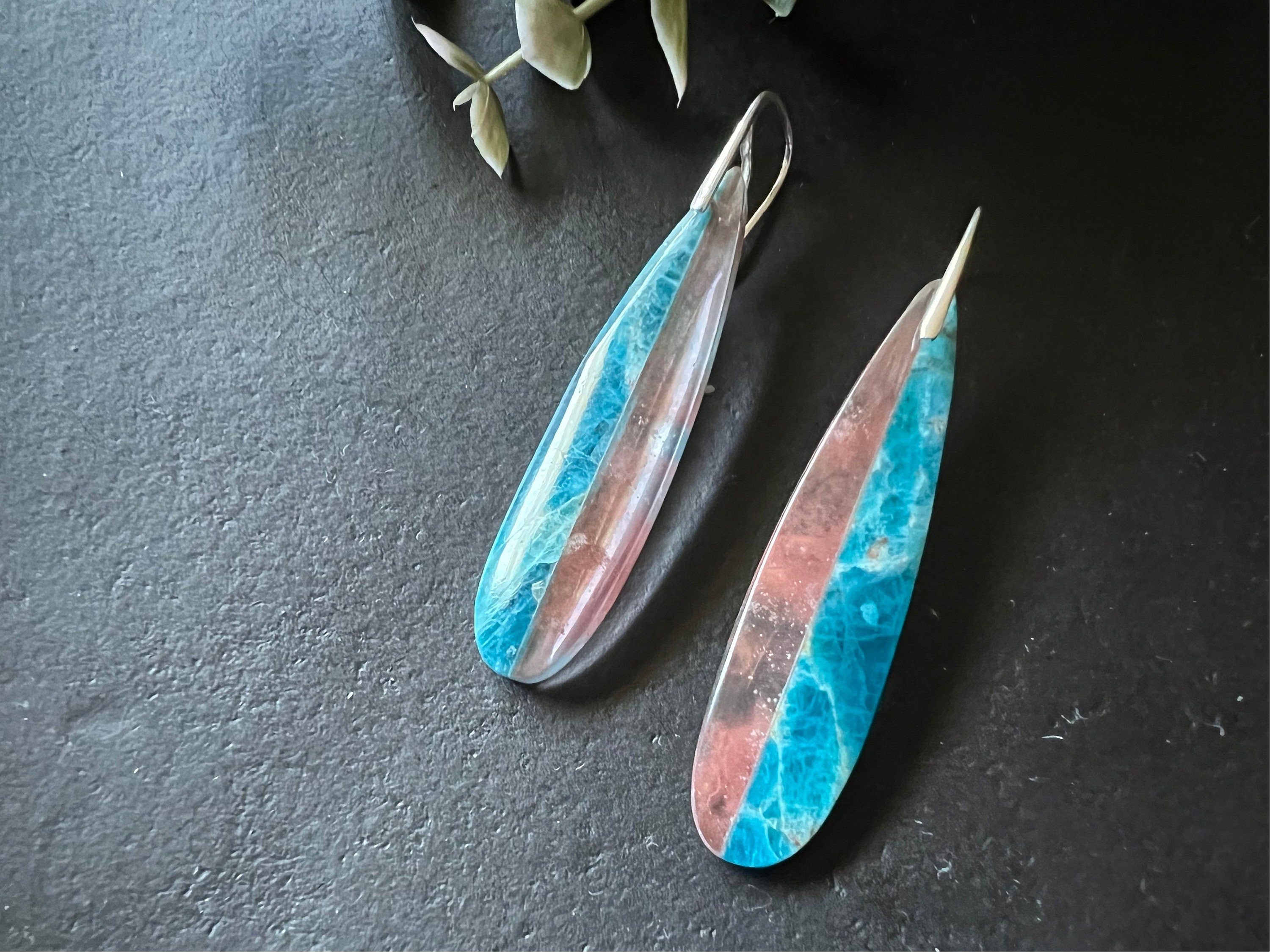 Long intarsia earrings, statement earrings , apatite and cherry quartz earrings , unique dangles, natural stone earrings, lightweight