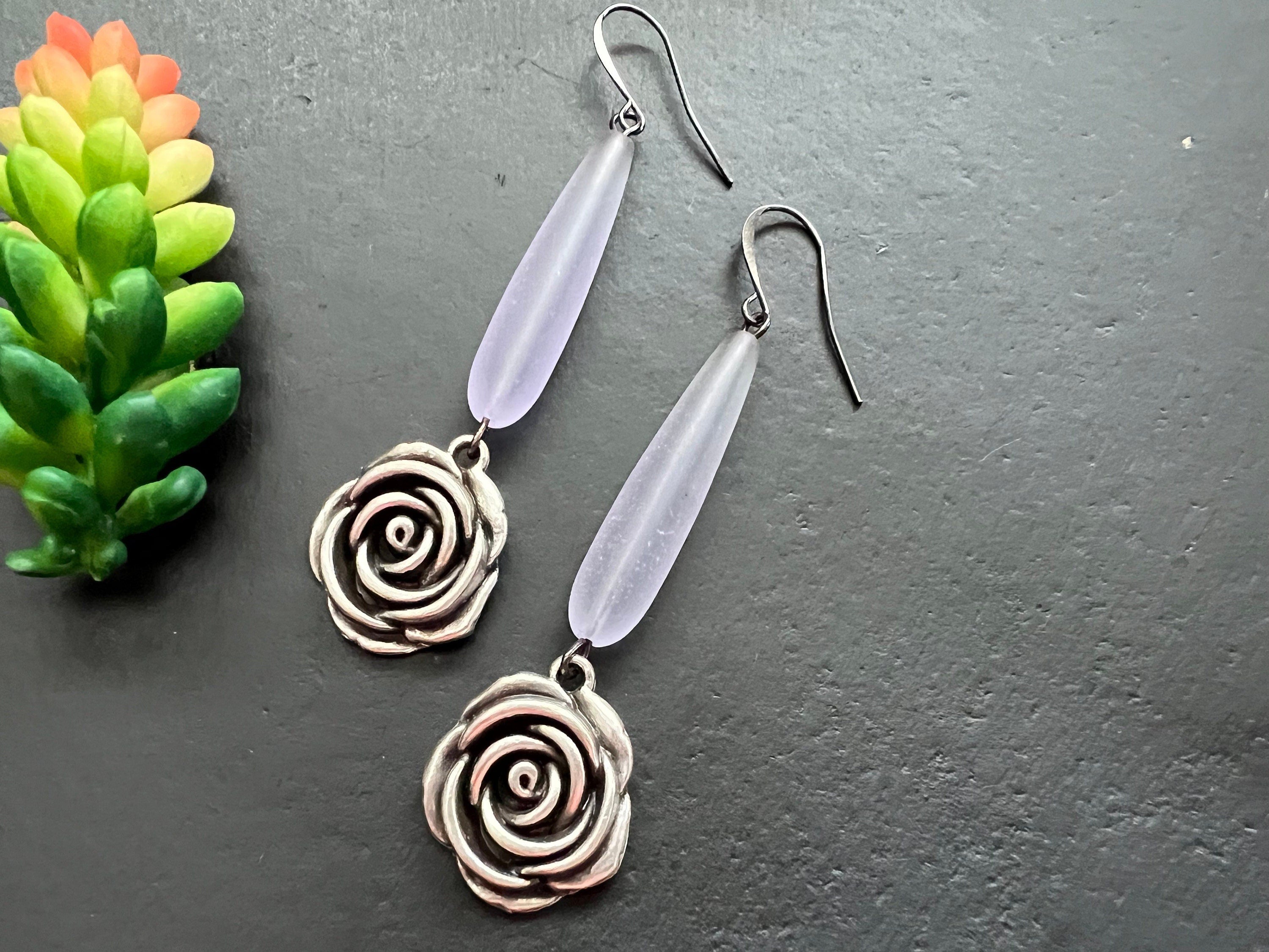 Sea glass earring, tear drop earrings, antique silver flower earrings, bohemian  earrings, gifts for her
