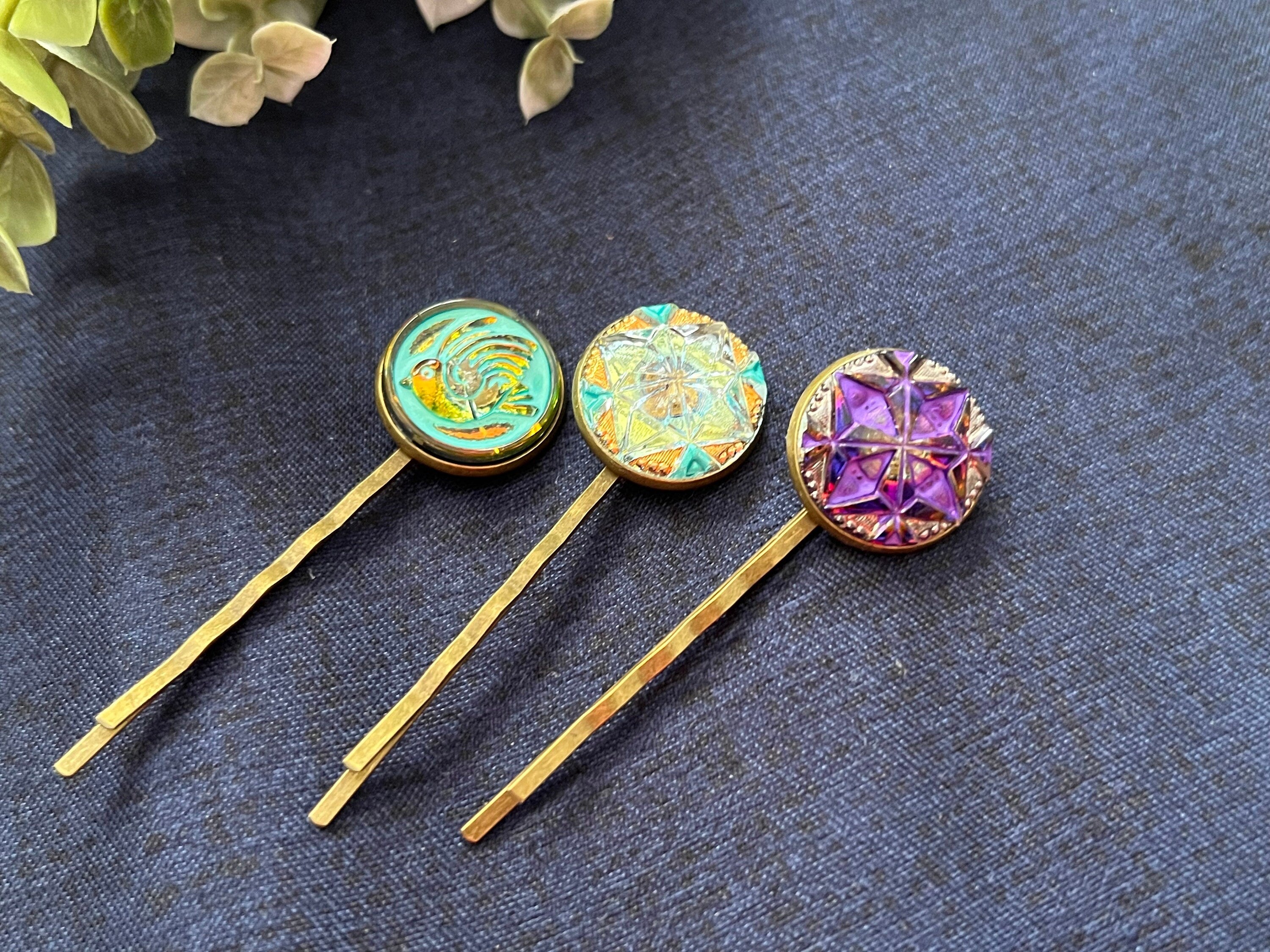 Czech Glass Button hair pins, Boho hair pins , Vintage accessories, Czech Glass accessory, Bohemian Hippie