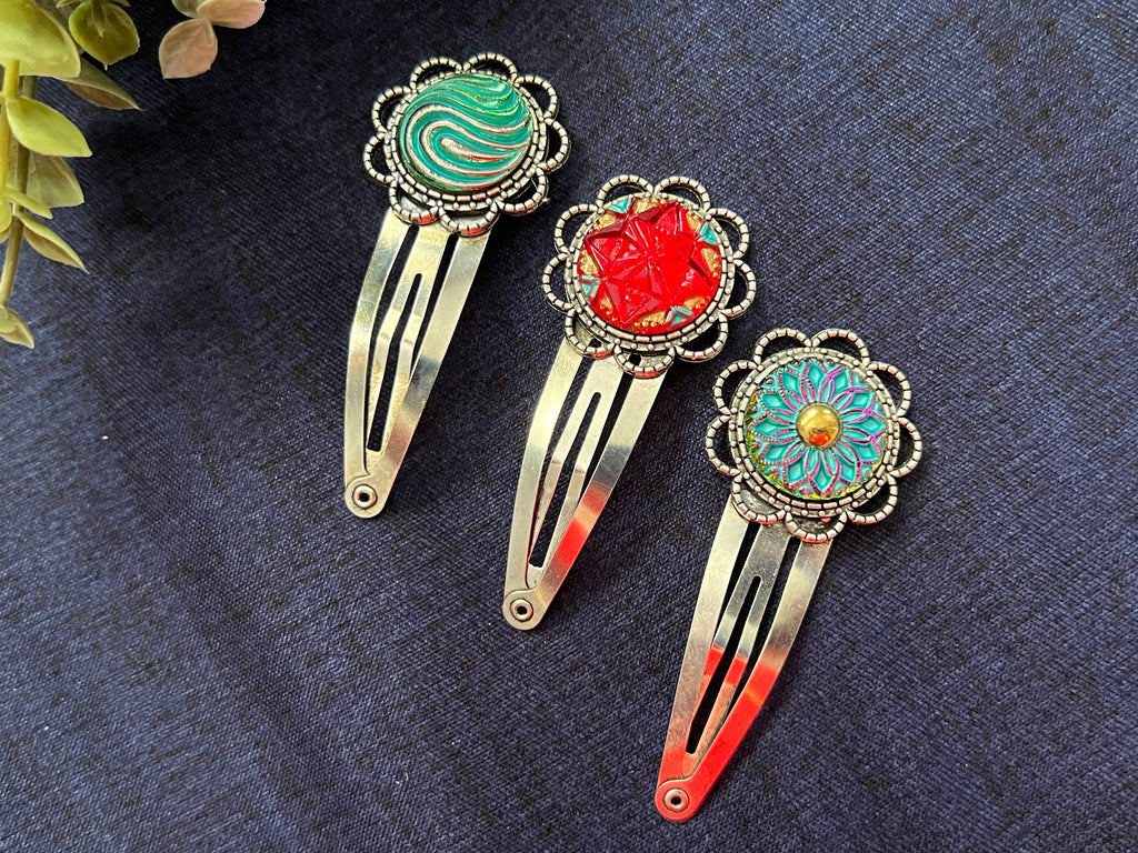 Czech Glass Button hair pins, Boho hair snap pins , Vintage accessories, Czech Glass accessory, Bohemian Hippie