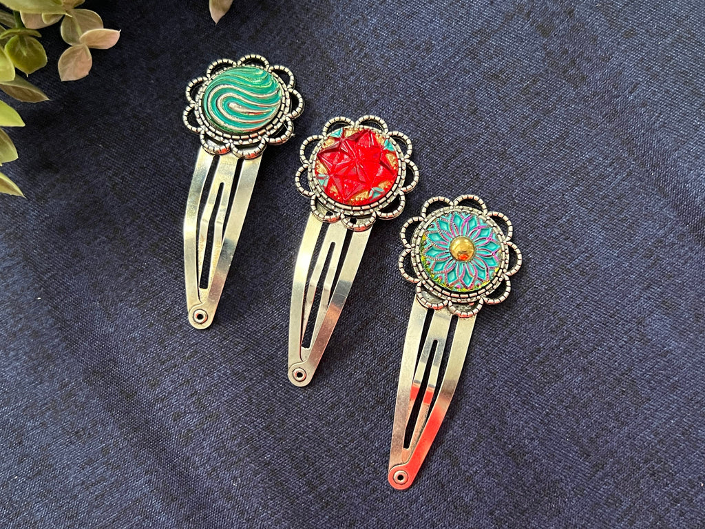 Czech Glass Button hair pins, Boho hair snap pins , Vintage accessories, Czech Glass accessory, Bohemian Hippie