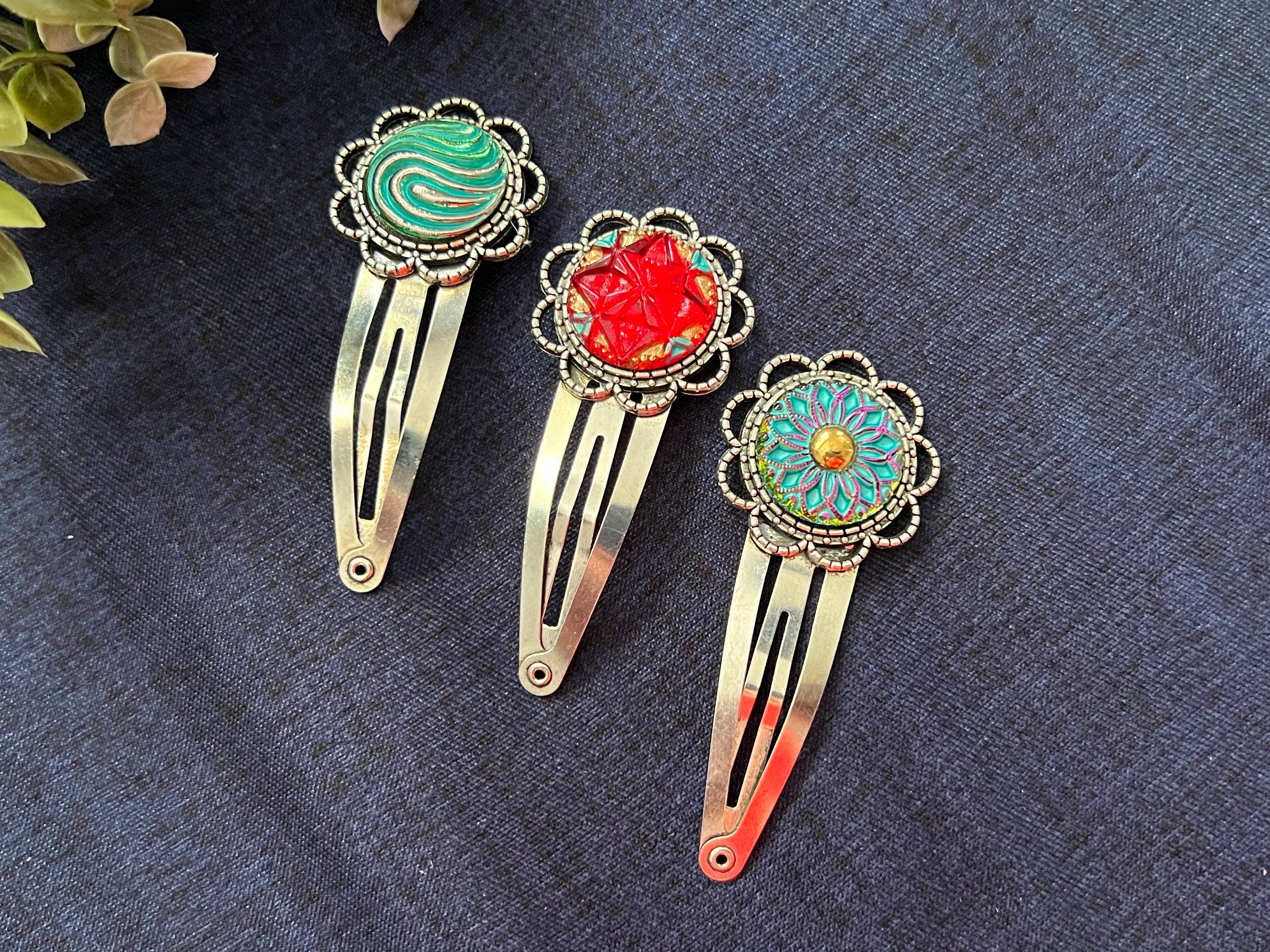 Czech Glass Button hair pins, Boho hair snap pins , Vintage accessories, Czech Glass accessory, Bohemian Hippie