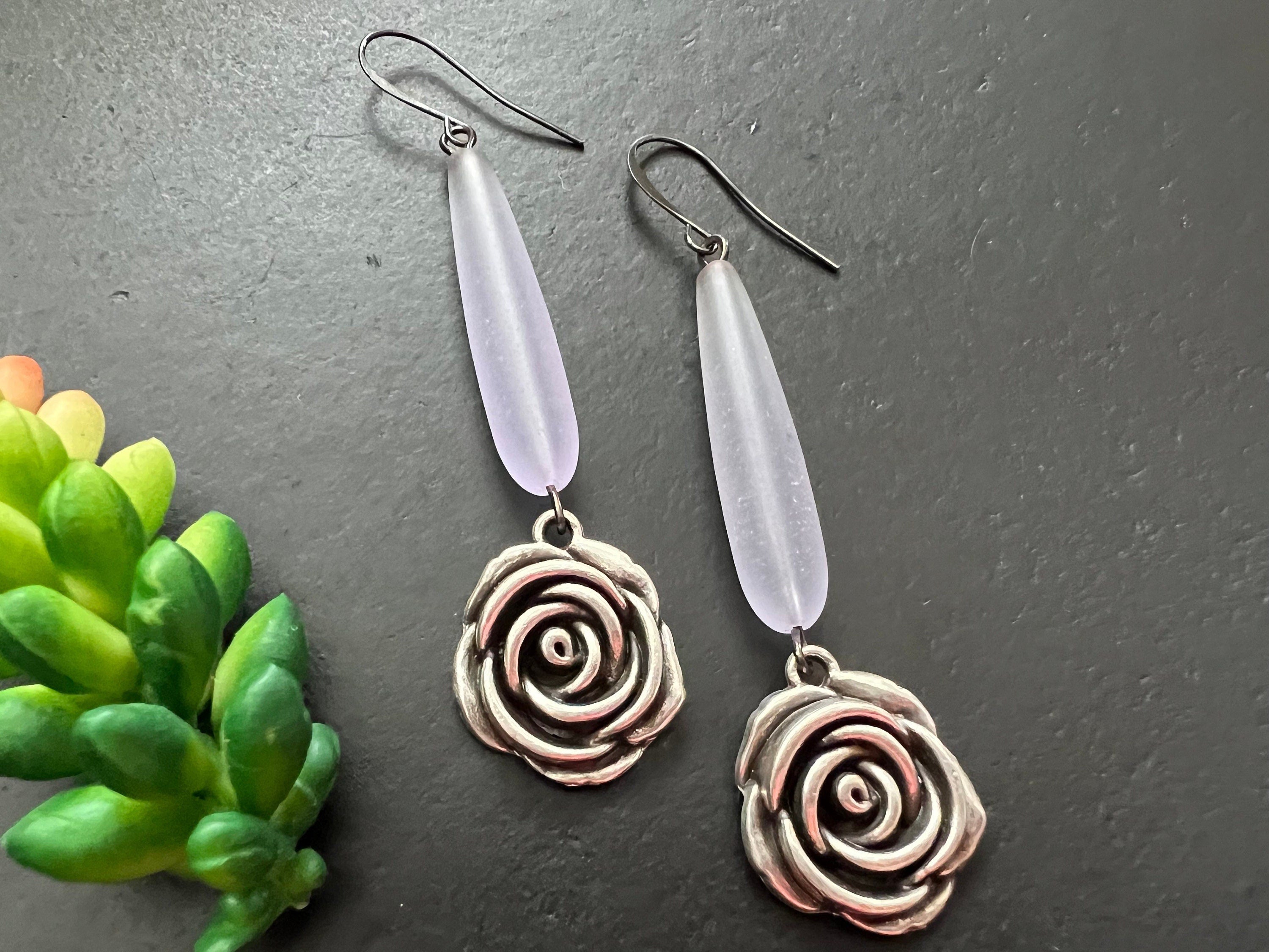 Sea glass earring, tear drop earrings, antique silver flower earrings, bohemian  earrings, gifts for her