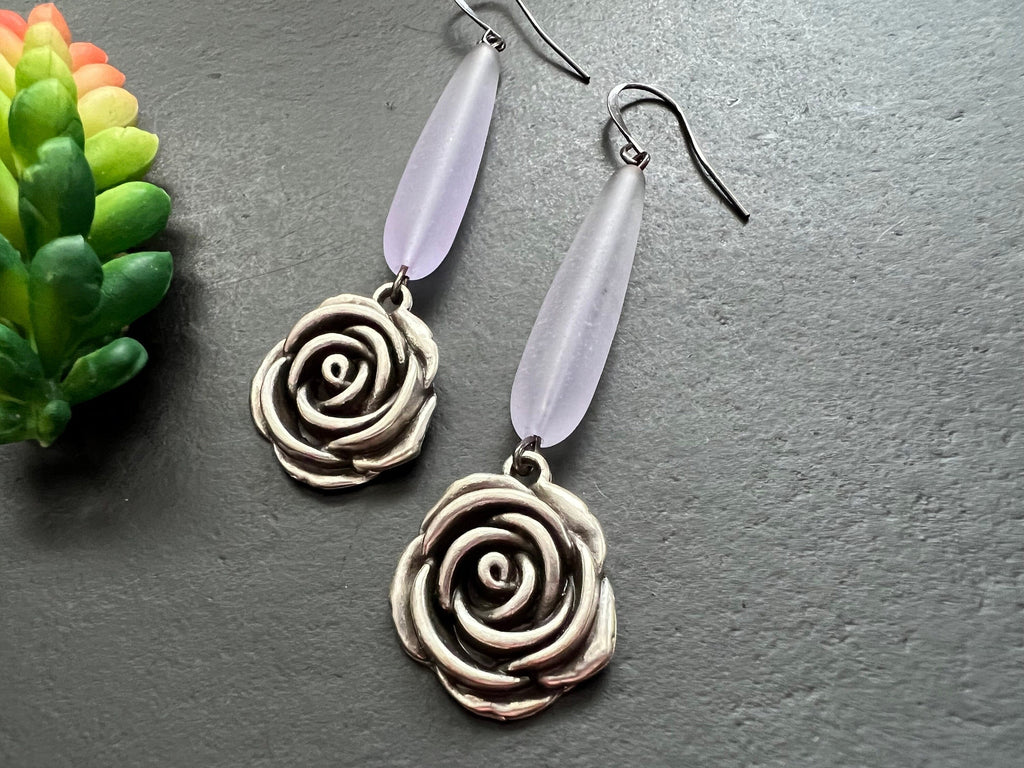 Sea glass earring, tear drop earrings, antique silver flower earrings, bohemian  earrings, gifts for her