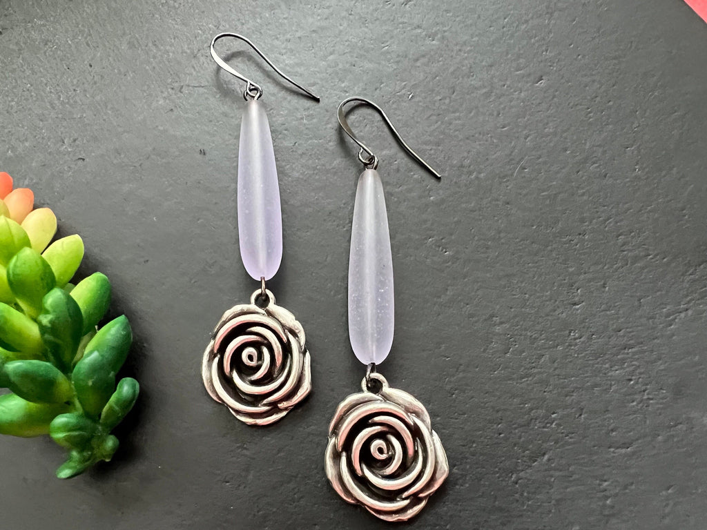 Sea glass earring, tear drop earrings, antique silver flower earrings, bohemian  earrings, gifts for her