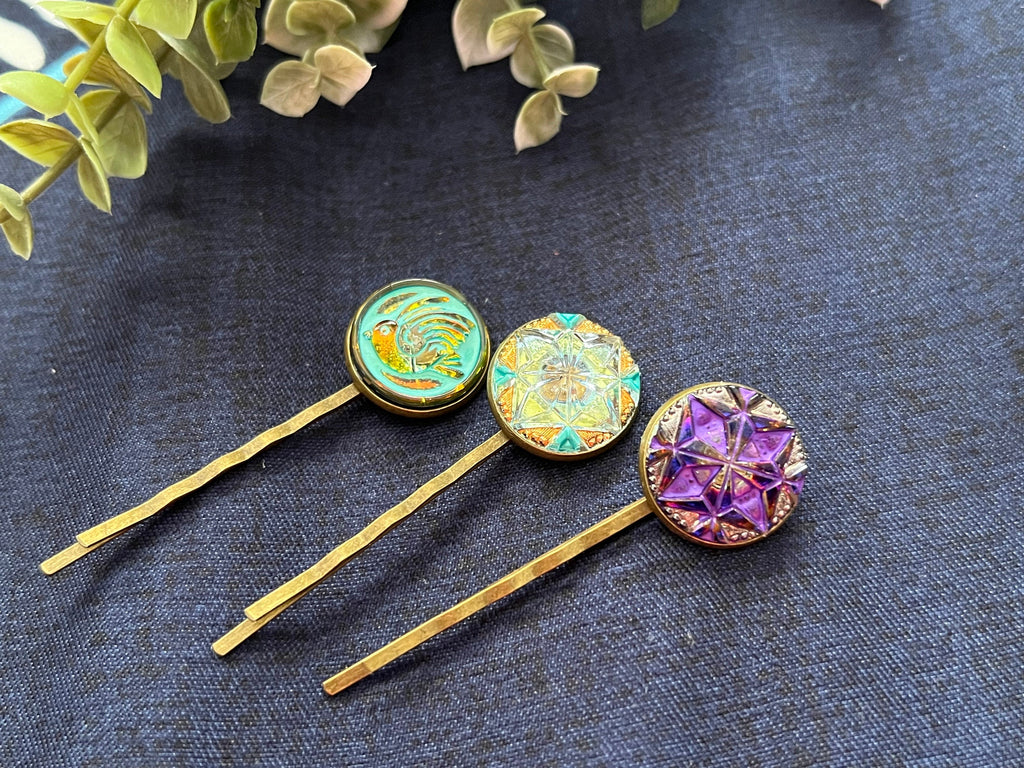 Czech Glass Button hair pins, Boho hair pins , Vintage accessories, Czech Glass accessory, Bohemian Hippie
