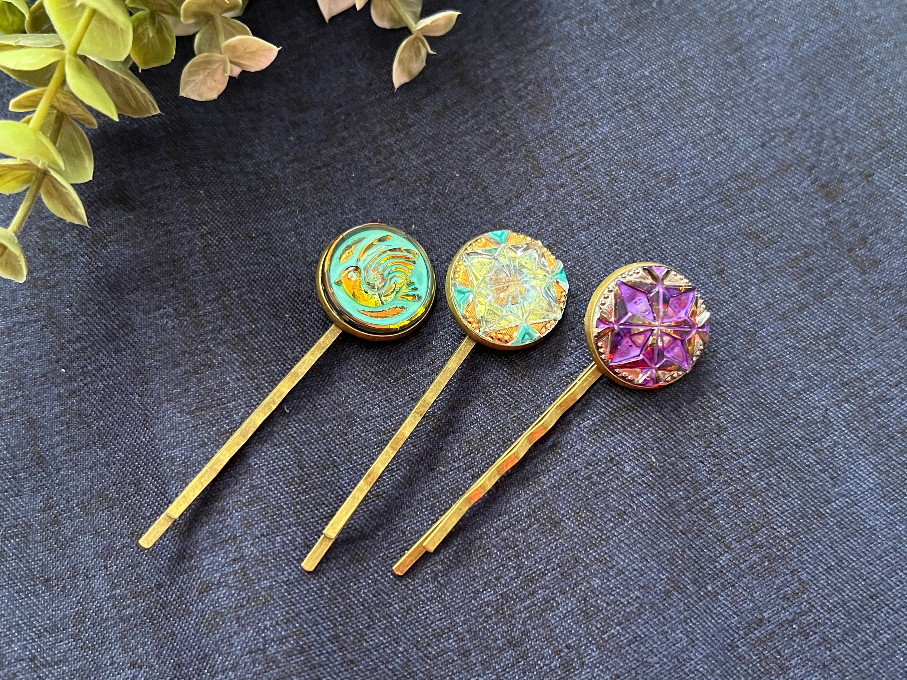 Czech Glass Button hair pins, Boho hair pins , Vintage accessories, Czech Glass accessory, Bohemian Hippie