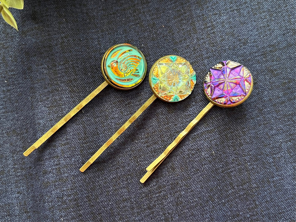 Czech Glass Button hair pins, Boho hair pins , Vintage accessories, Czech Glass accessory, Bohemian Hippie