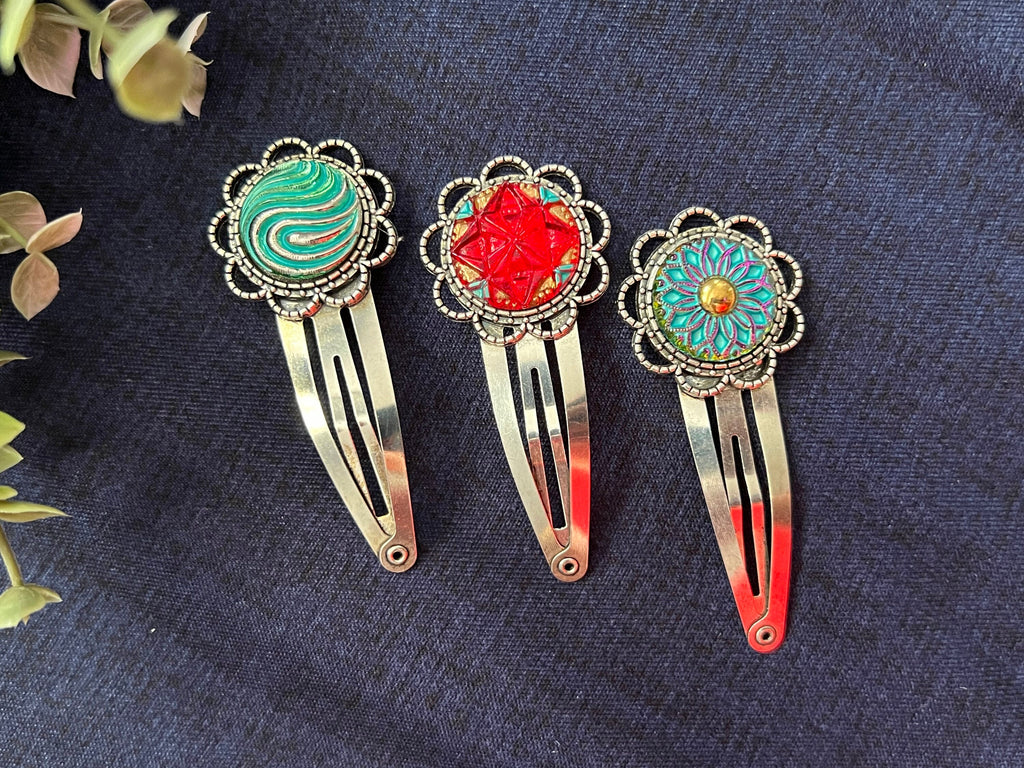 Czech Glass Button hair pins, Boho hair snap pins , Vintage accessories, Czech Glass accessory, Bohemian Hippie