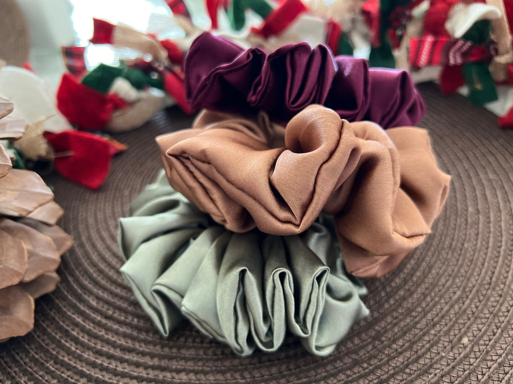 Luxurious scrunchies, satin fabric scrunchies, neutral fall colors, fall scrunchies, autumn hair accessories, hair band, gift for kids