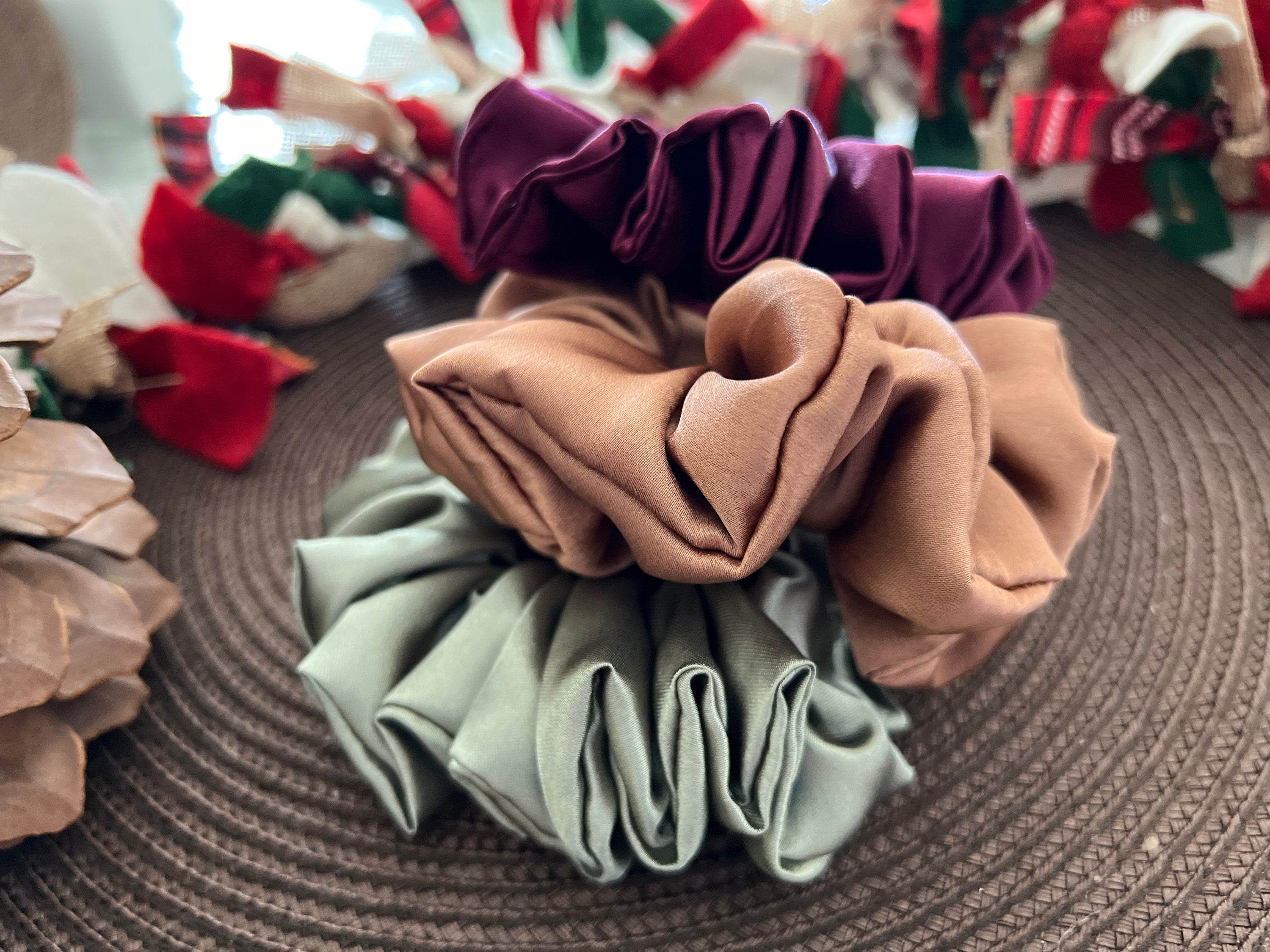 Luxurious scrunchies, satin fabric scrunchies, neutral fall colors, fall scrunchies, autumn hair accessories, hair band, gift for kids