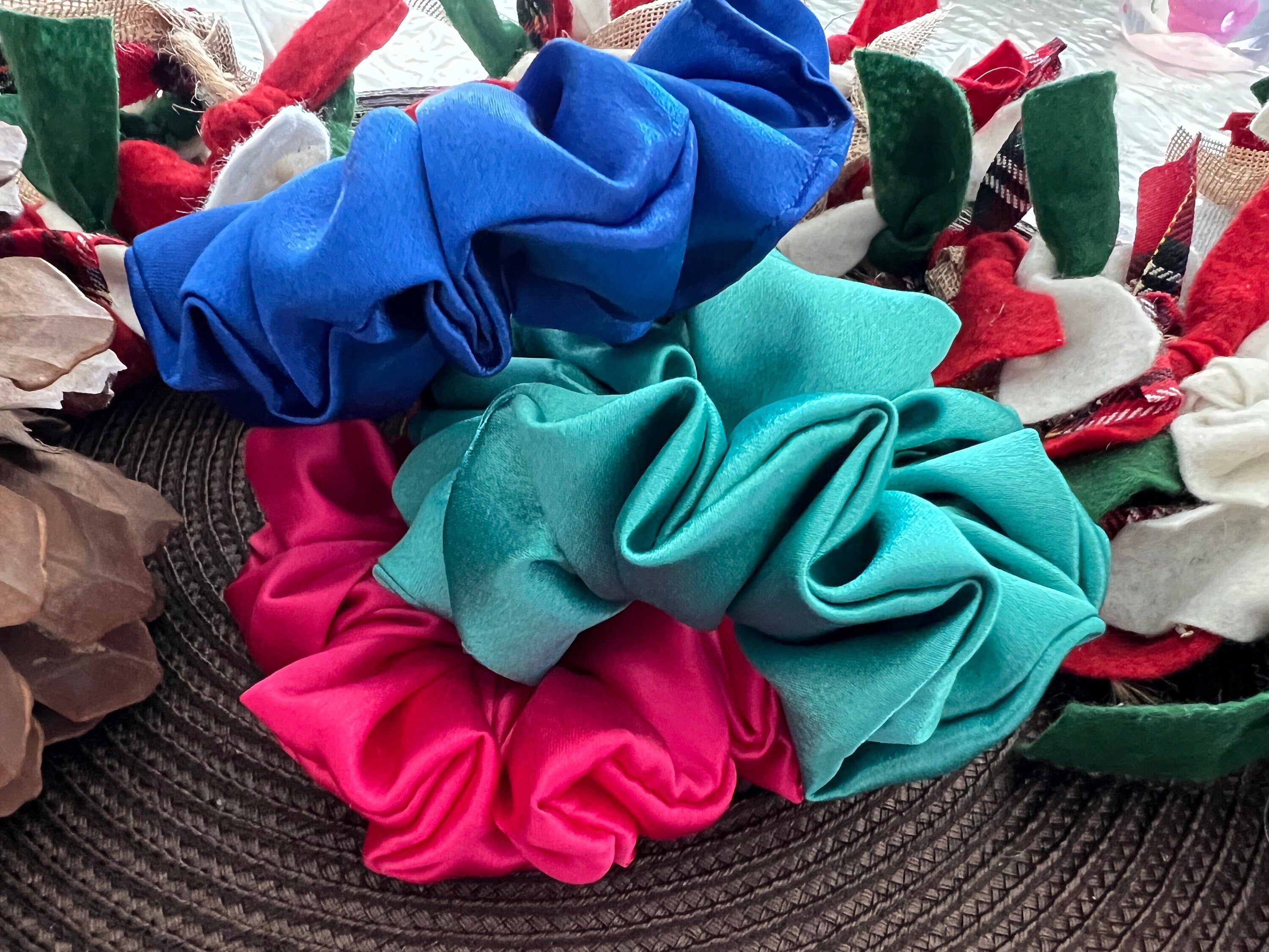 Luxurious scrunchies, satin fabric scrunchies, bright solid colors, fall scrunchies, autumn hair accessories, hair band, gift for kids