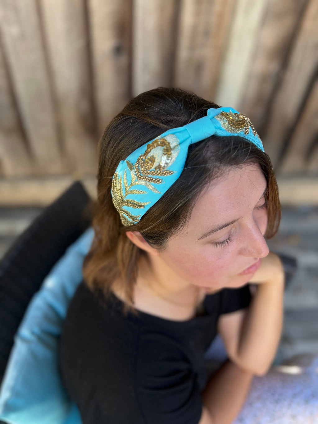 Blue color headband, Statement Beaded Knot Headband, Handmade Knot Headband, Wide Knot Headband, Embellished Knot Headband, Seed Bead hair