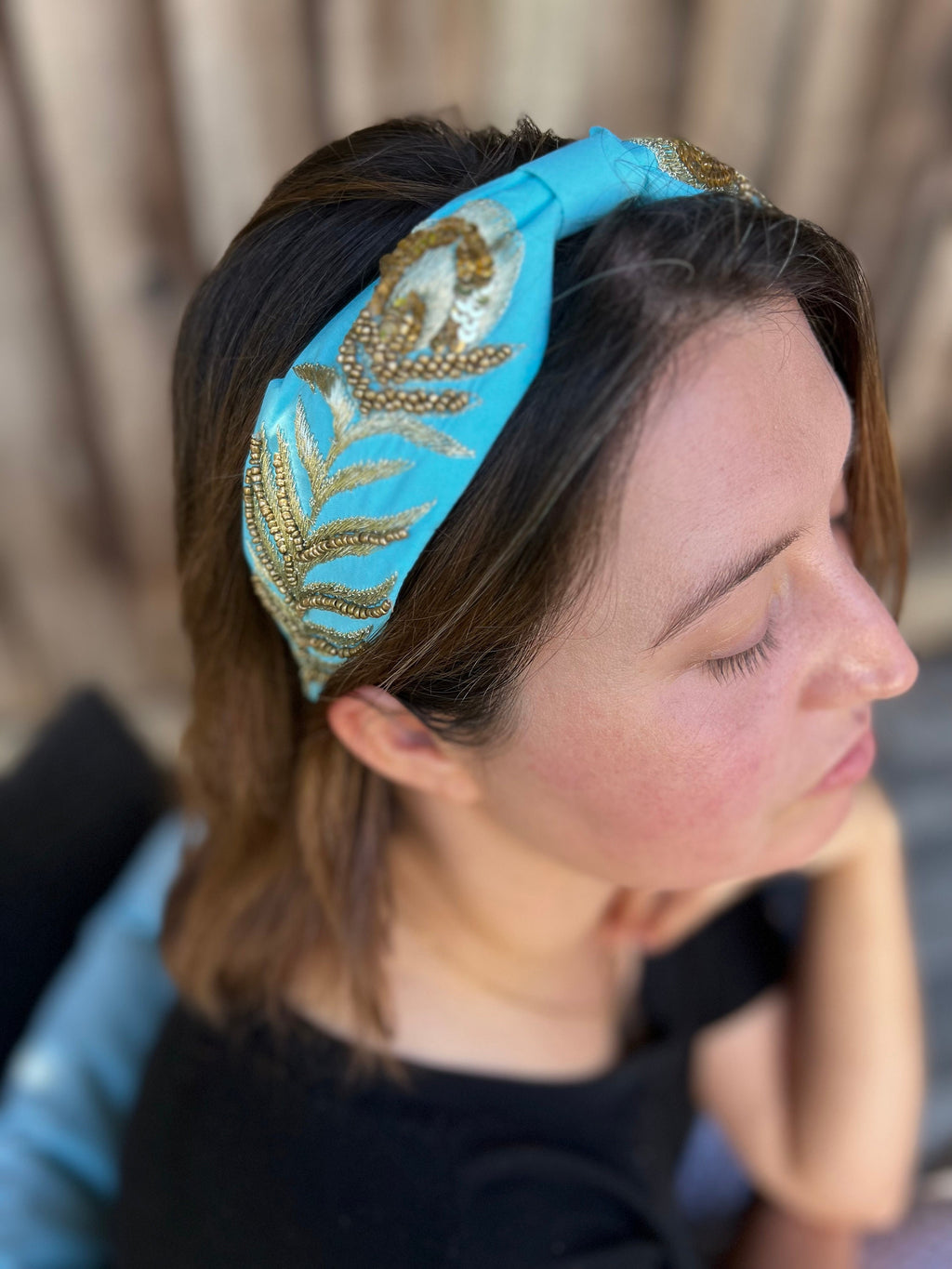 Blue color headband, Statement Beaded Knot Headband, Handmade Knot Headband, Wide Knot Headband, Embellished Knot Headband, Seed Bead hair