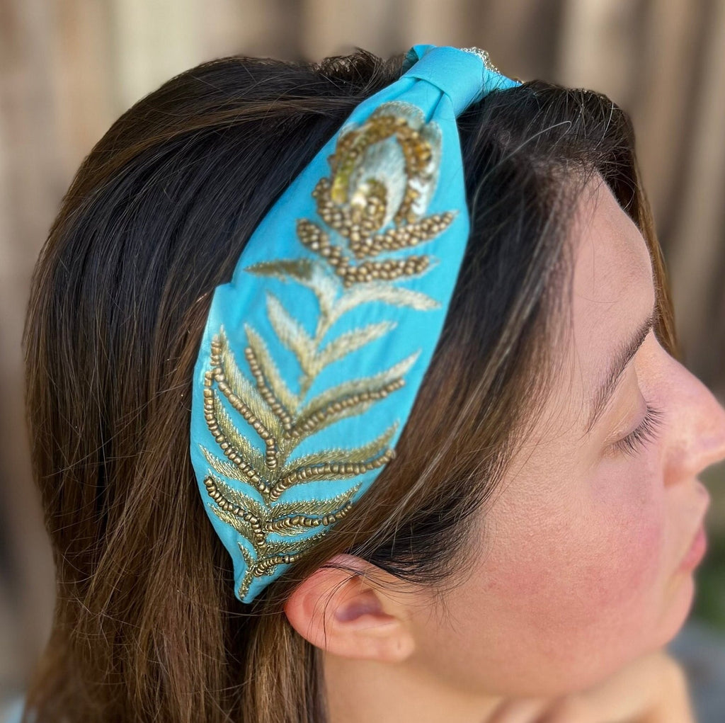 Blue color headband, Statement Beaded Knot Headband, Handmade Knot Headband, Wide Knot Headband, Embellished Knot Headband, Seed Bead hair