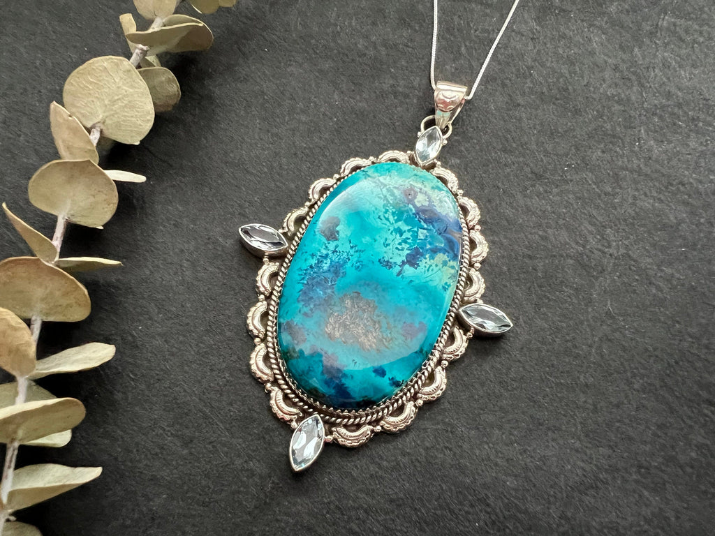Extra Large Shattuckite pendant , gifts for her, layering necklace, 925 sterling silver setting, natural stone pendant, blue gemstone