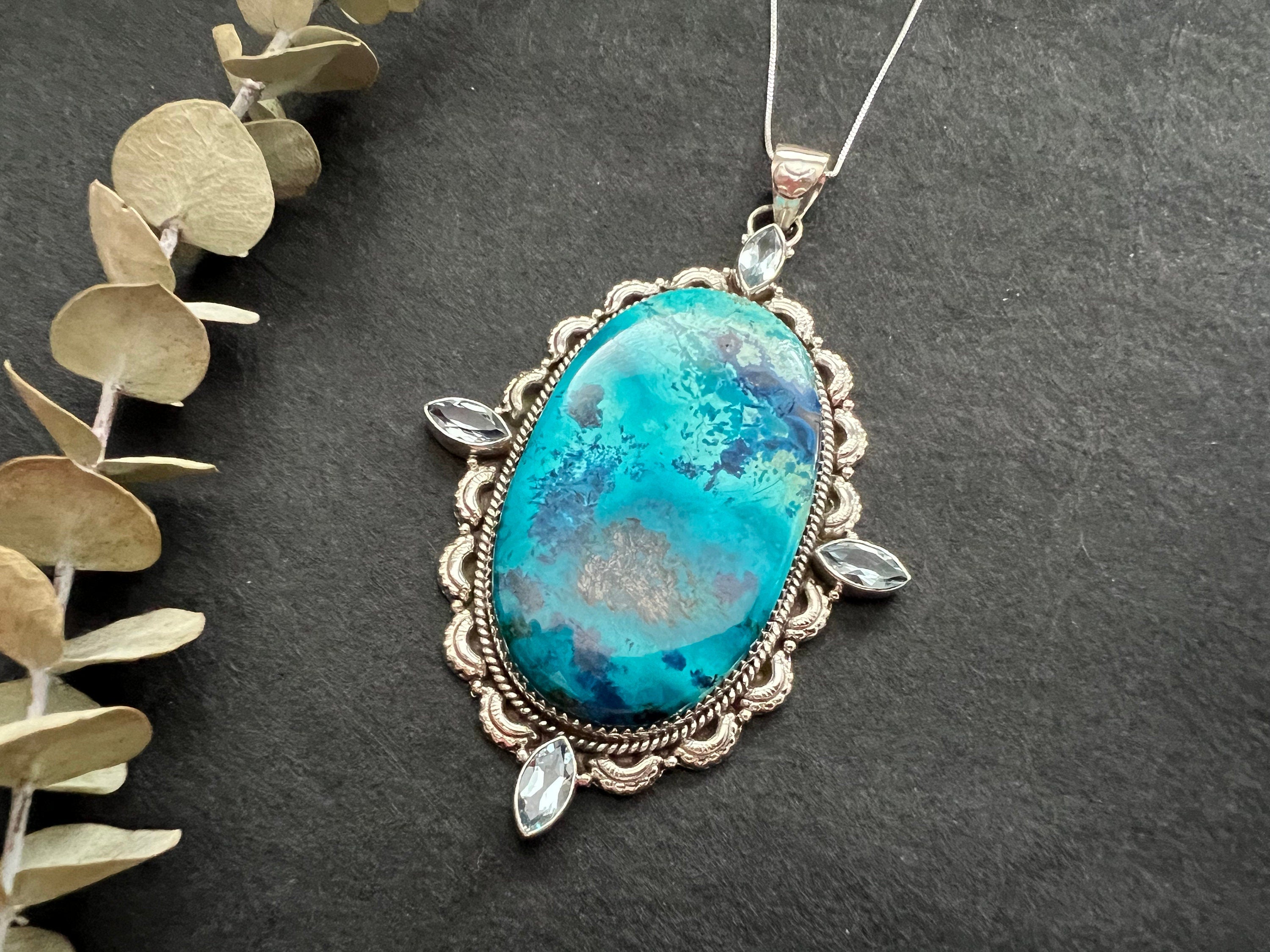 Extra Large Shattuckite pendant , gifts for her, layering necklace, 925 sterling silver setting, natural stone pendant, blue gemstone