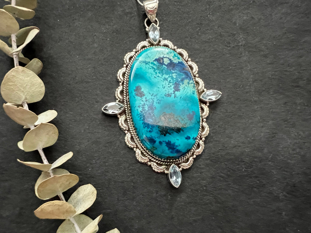 Extra Large Shattuckite pendant , gifts for her, layering necklace, 925 sterling silver setting, natural stone pendant, blue gemstone