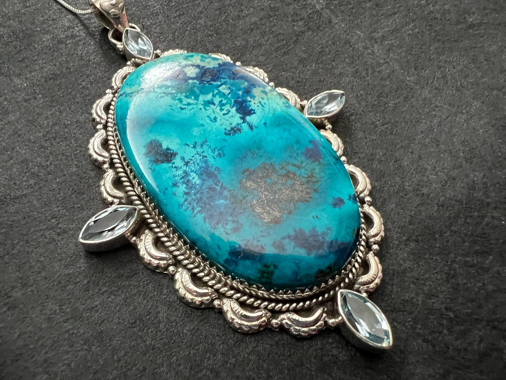 Extra Large Shattuckite pendant , gifts for her, layering necklace, 925 sterling silver setting, natural stone pendant, blue gemstone