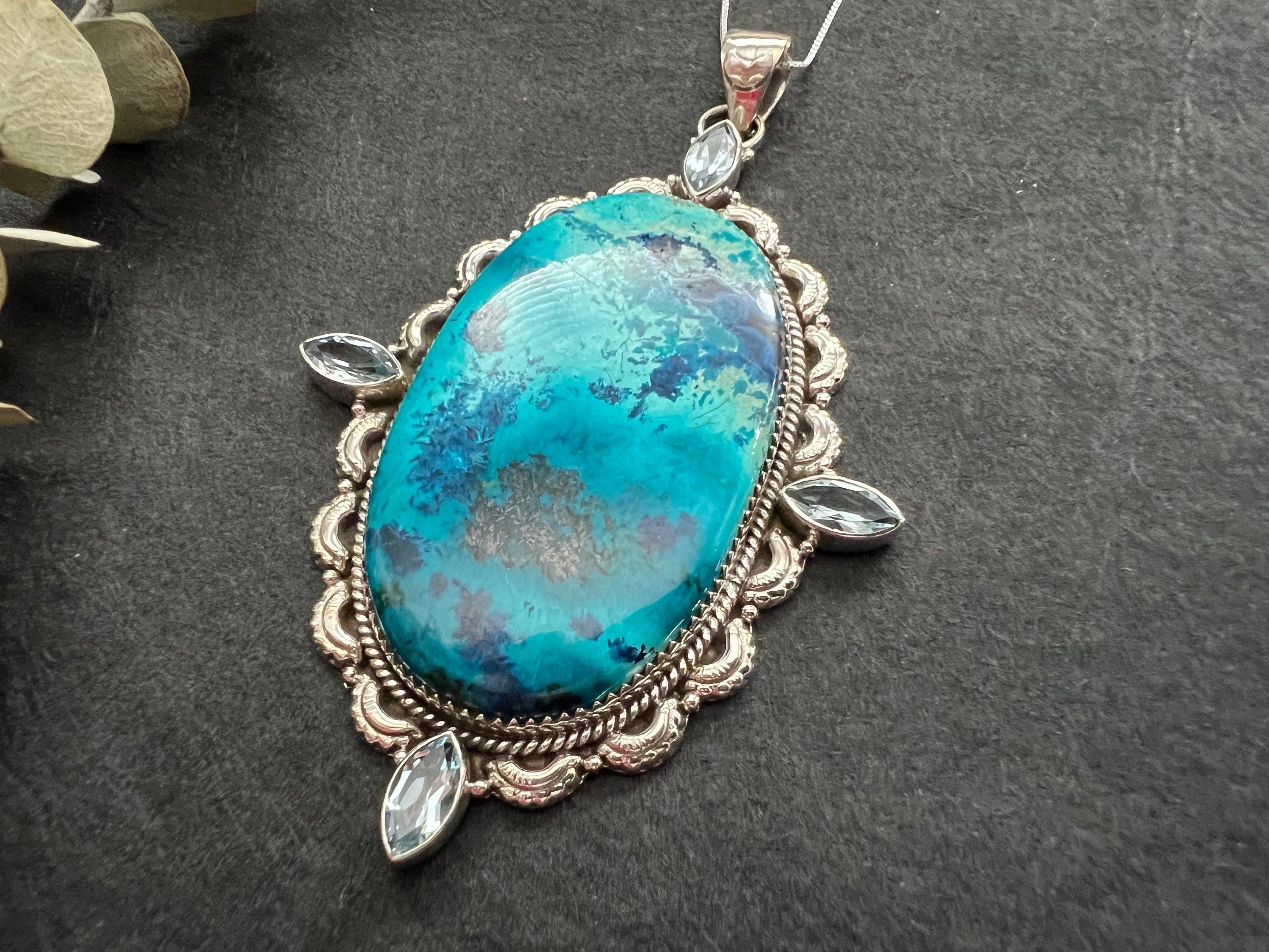 Extra Large Shattuckite pendant , gifts for her, layering necklace, 925 sterling silver setting, natural stone pendant, blue gemstone