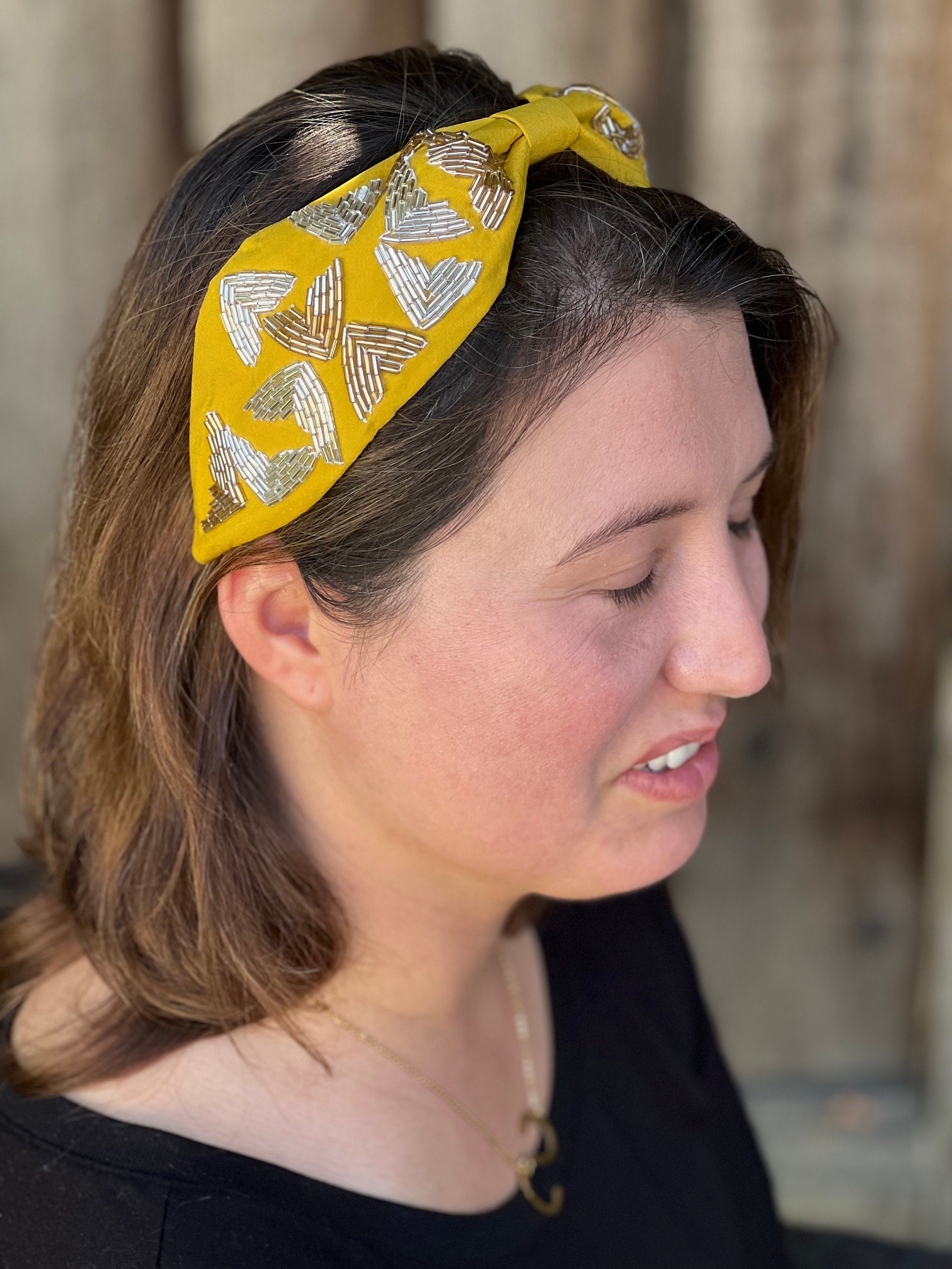 Mustard color headband, Statement Beaded Knot Headband, Handmade Knot Headband, Wide Knot Headband, Embellished Knot Headband, Seed Bead