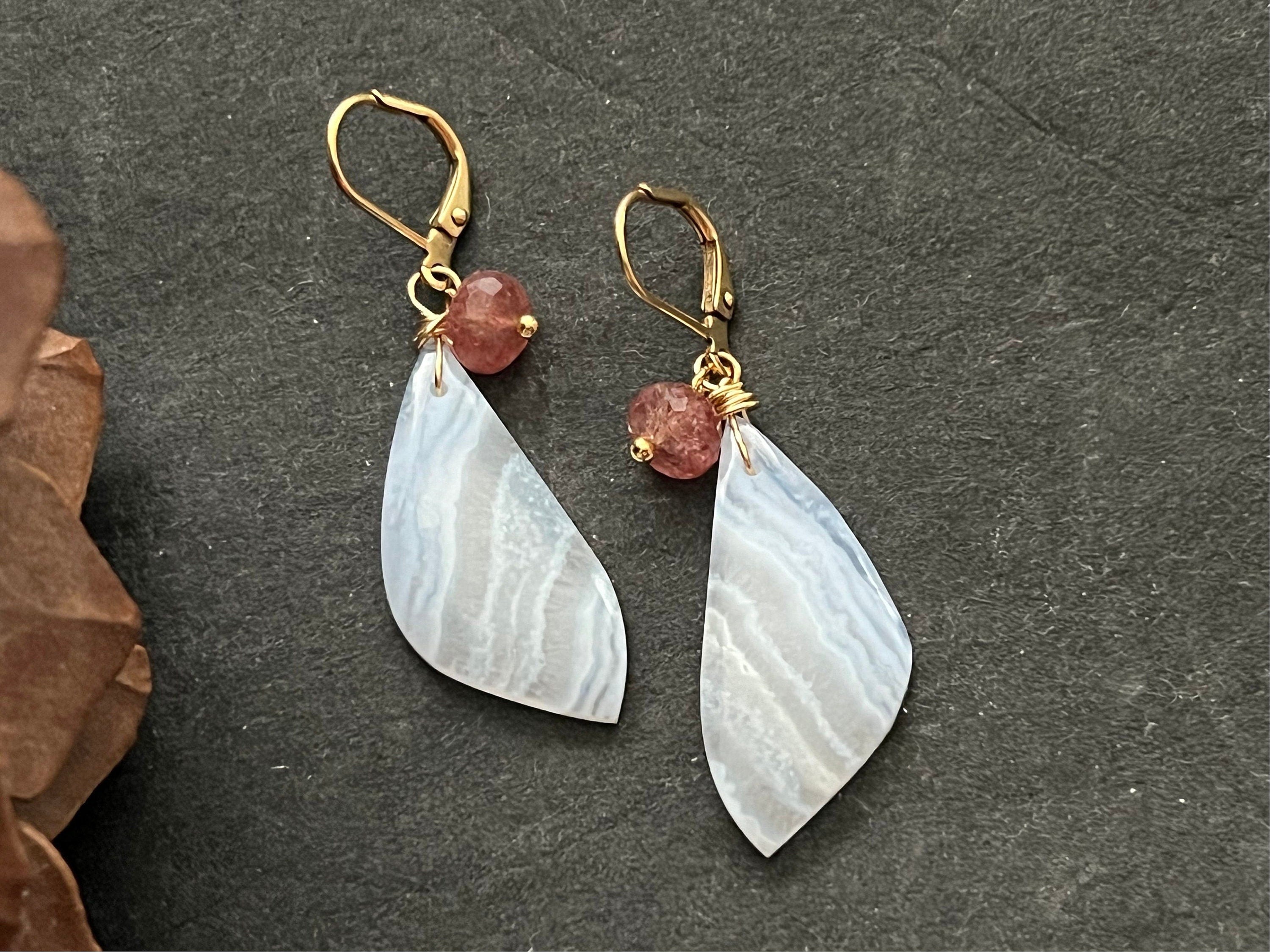 Blue lace agate earrings / periwinkle color earrings / natural stone jewelry/ unique one of a kind/ gifts for women / quartz rondelle / gift