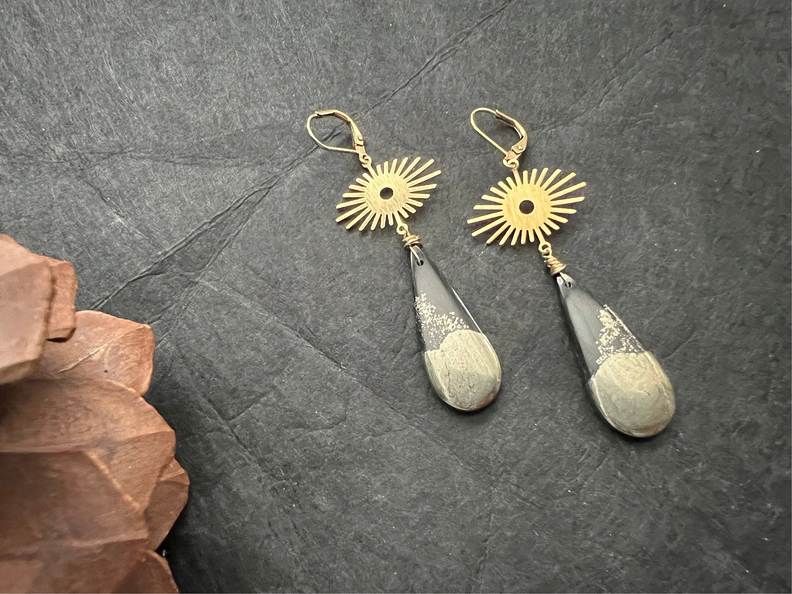 Apache gold earrings, Agate earrings, long earrings, Gifts for her, natural stone Earrings, boho aesthetic jewelry