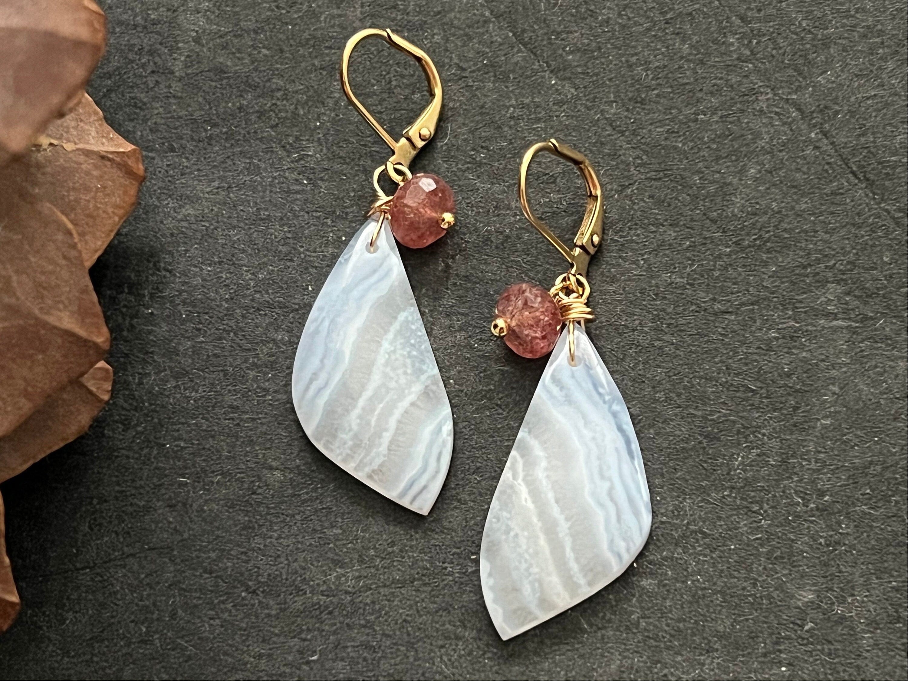 Blue lace agate earrings / periwinkle color earrings / natural stone jewelry/ unique one of a kind/ gifts for women / quartz rondelle / gift