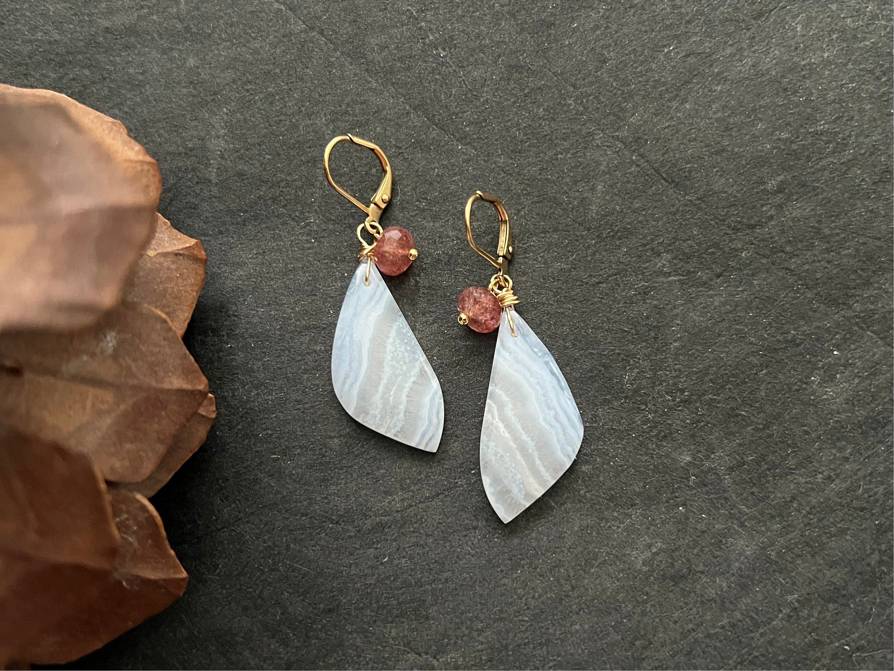 Blue lace agate earrings / periwinkle color earrings / natural stone jewelry/ unique one of a kind/ gifts for women / quartz rondelle / gift